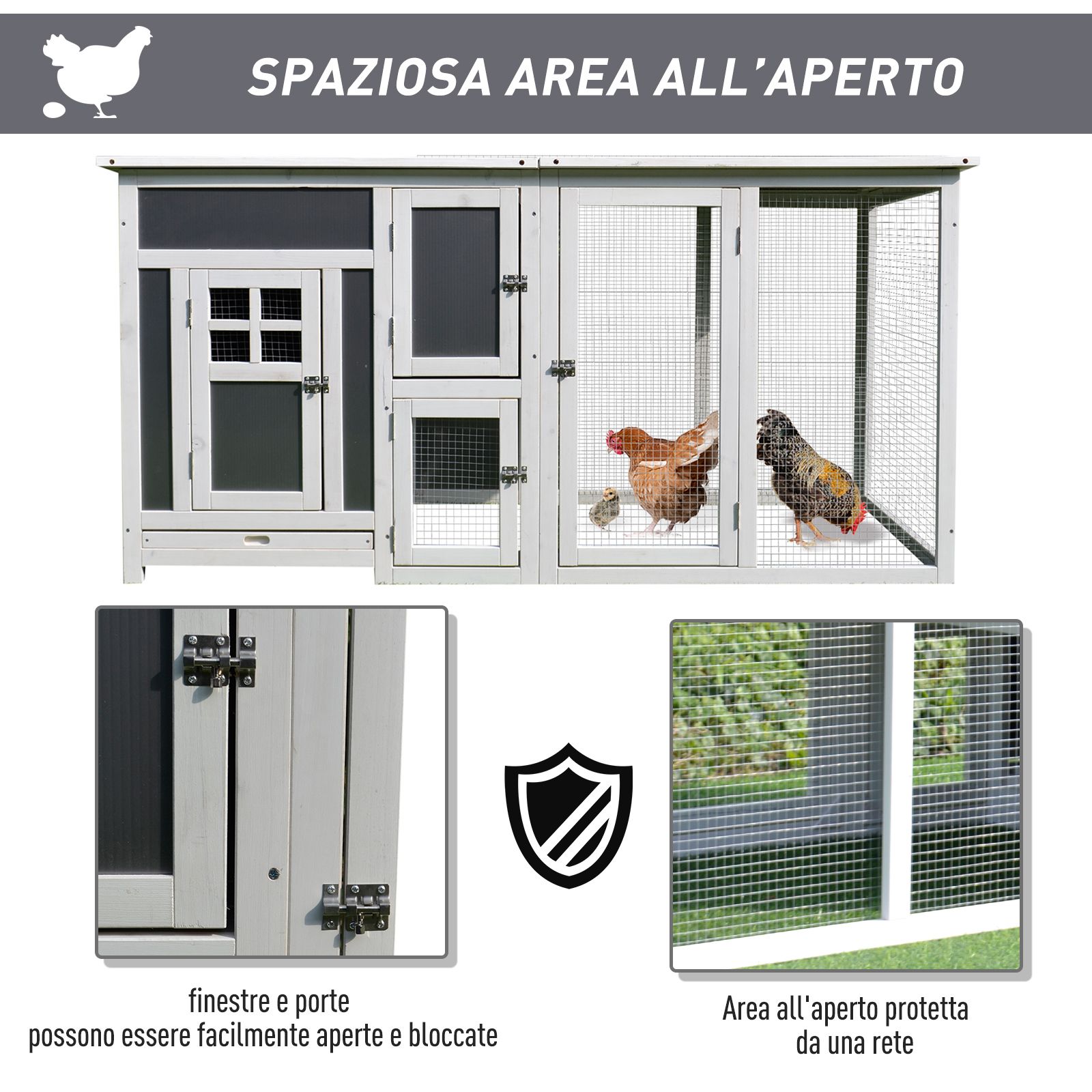 EASYCOMFORT Outdoor Chicken Coop for Laying Hens with Waterproof Roof and Running Area, Wooden Nesting, 160x75x80 cm, Gray and White