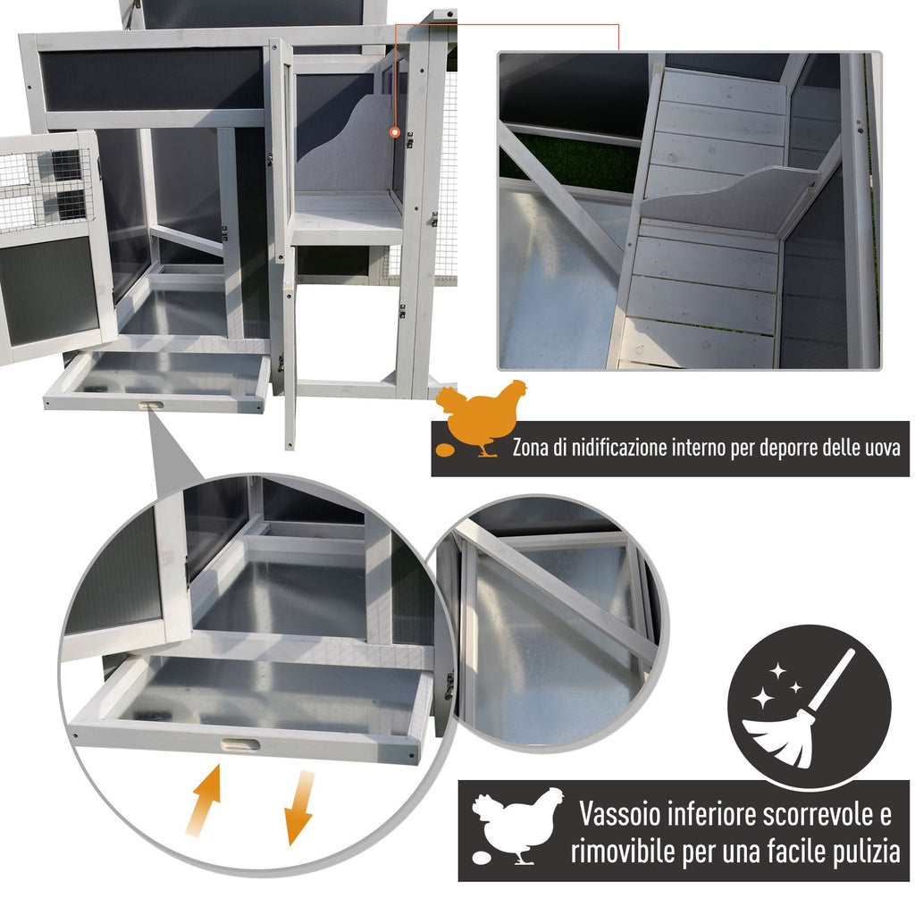 EASYCOMFORT Outdoor Chicken Coop for Laying Hens with Waterproof Roof and Running Area, Wooden Nesting, 160x75x80 cm, Gray and White