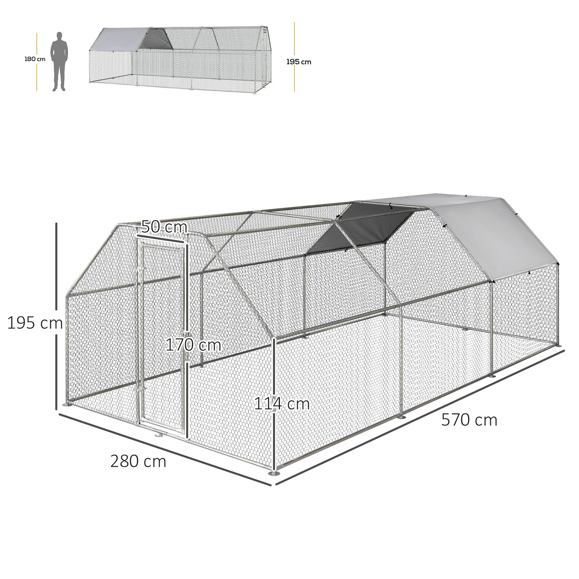 Easycomfort Recinto Gabbia per Galline in Metallo Galvanizzato Impermeabile, Pollaio with Porta e Copertura Oxford, 280x570x195cm