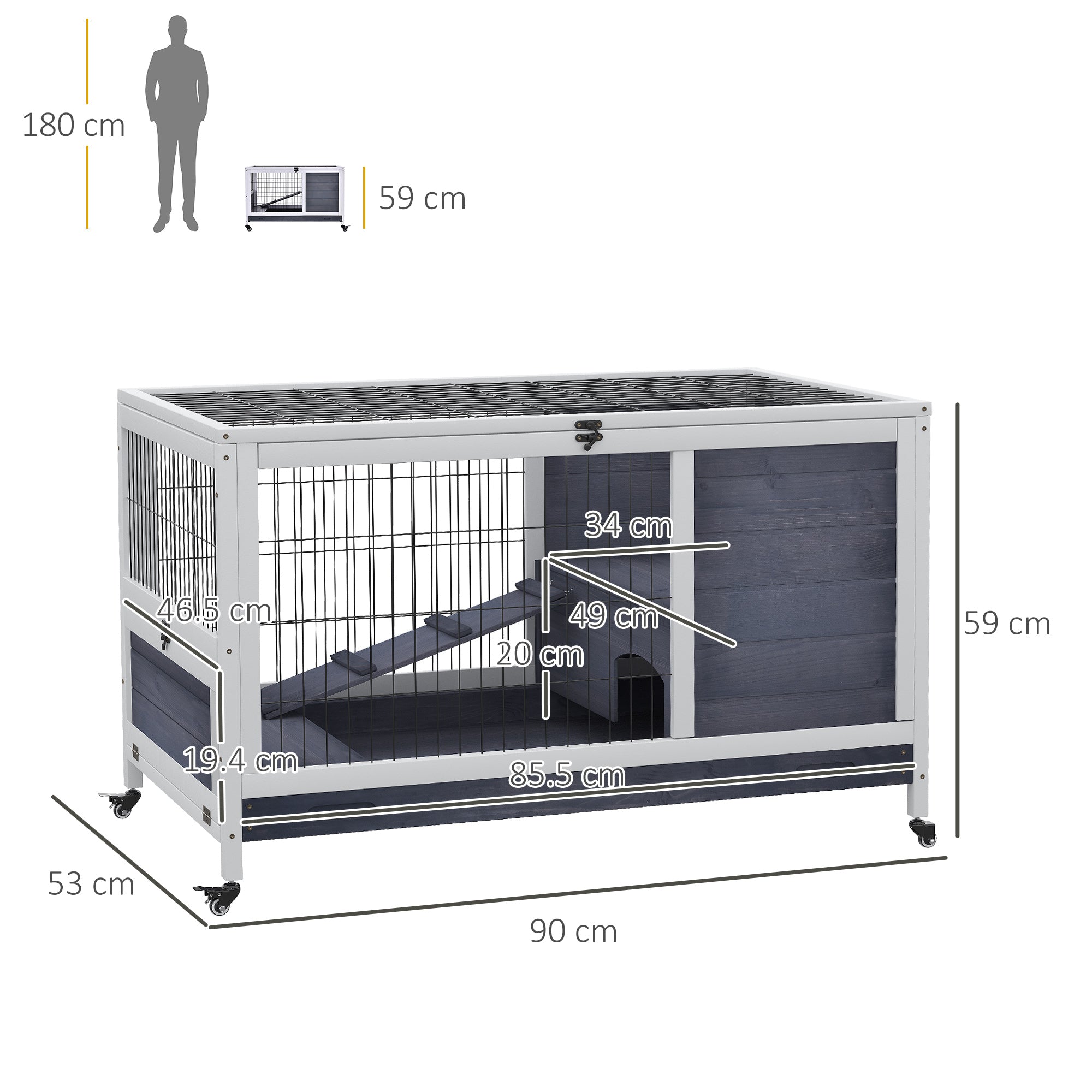 EasyComfort konijnen- en caviakooi met huisje en loopplank, 4 wielen