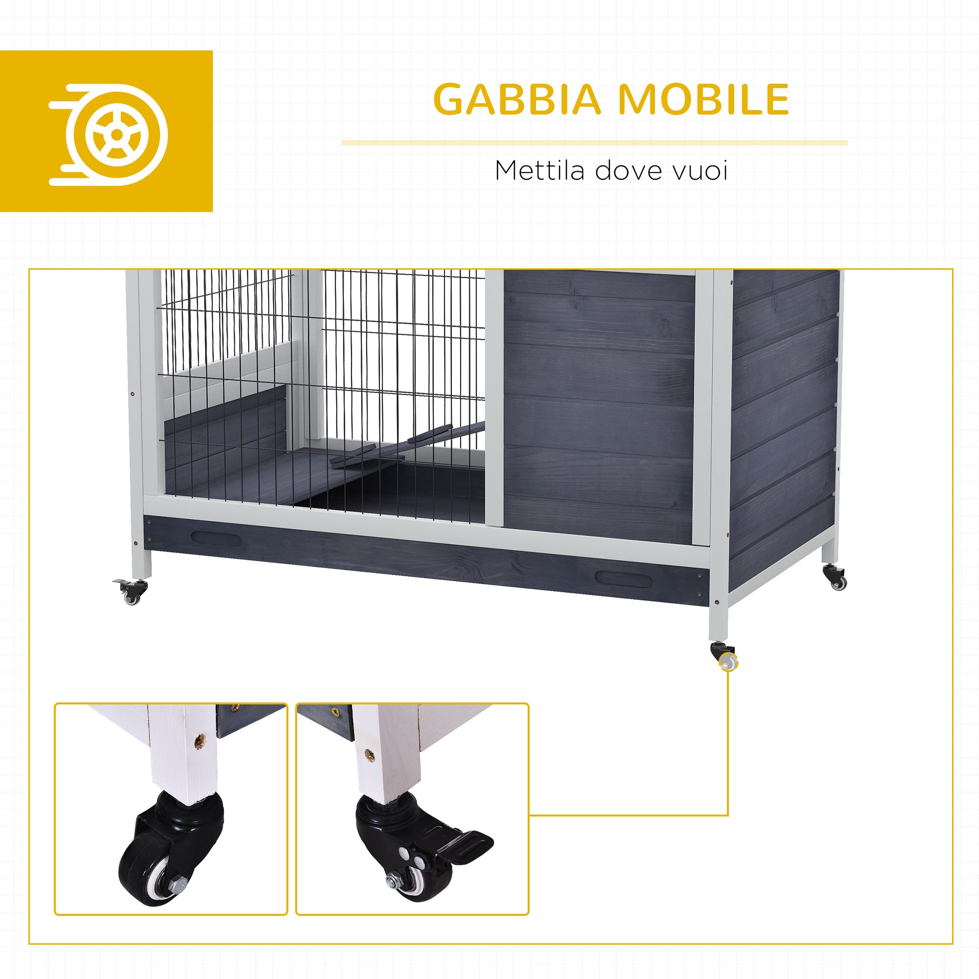 EasyComfort konijnen- en caviakooi met huisje en loopplank, 4 wielen