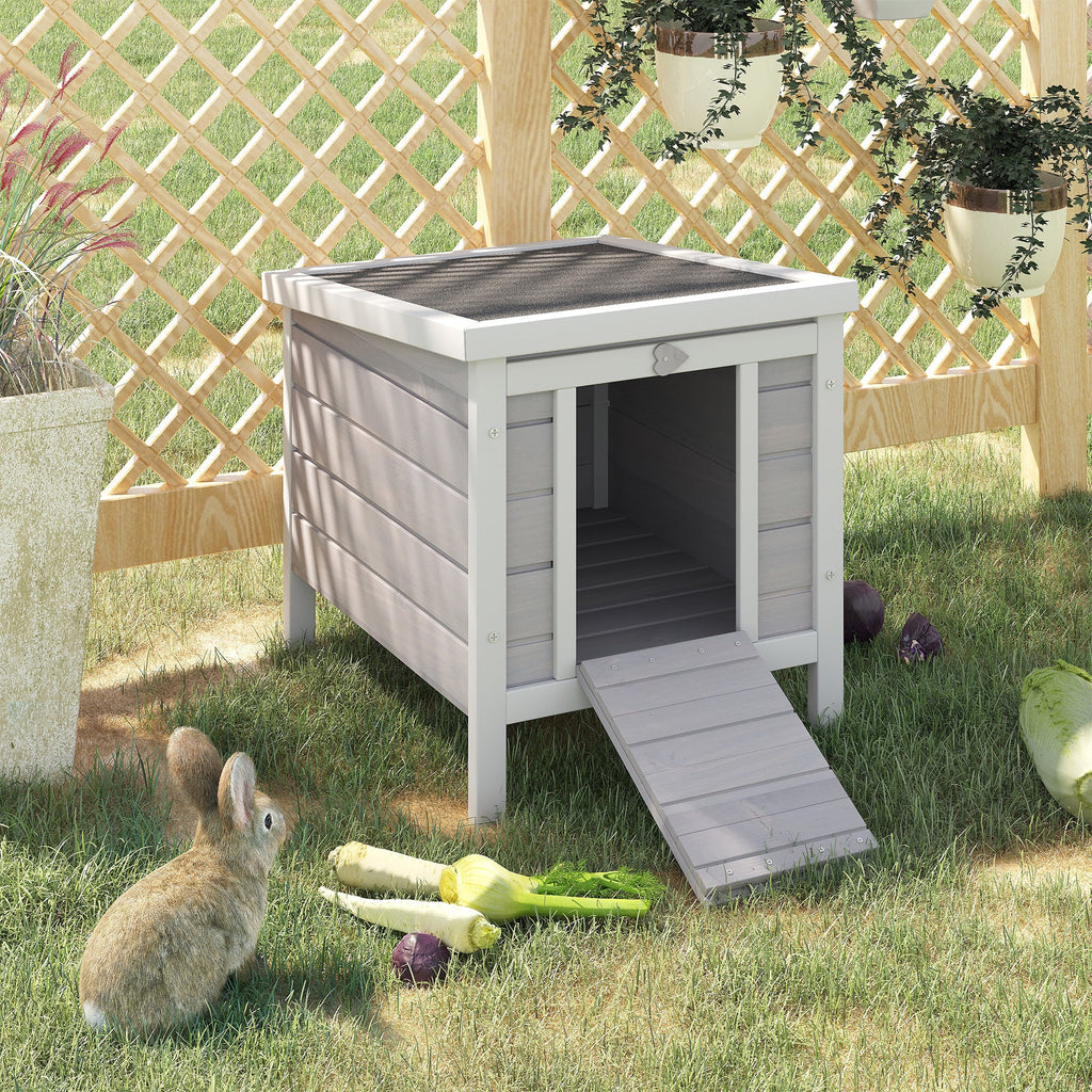EASYCOMFORT Outdoor Wooden Rabbit Cage with Asphalt Roof and Non-Slip Ramp, 42x51x43cm, Gray