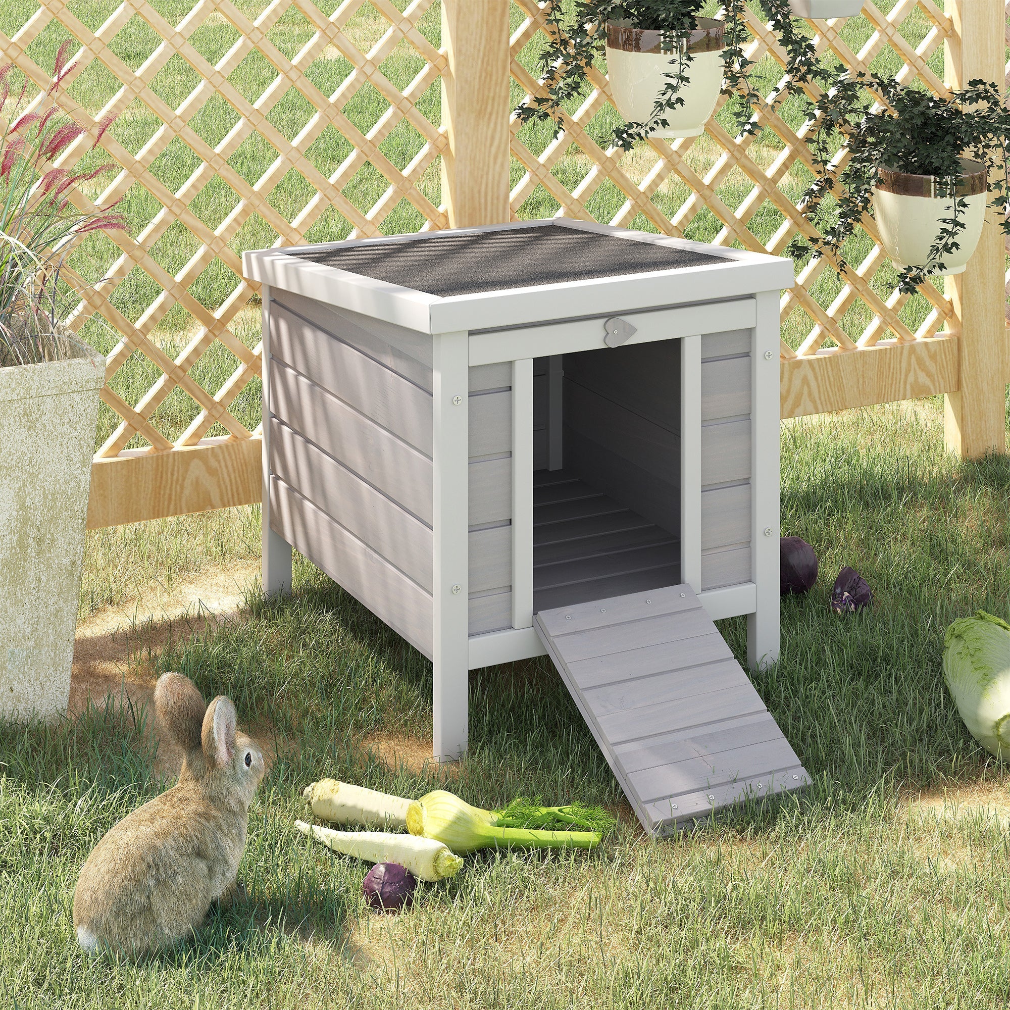 EASYCOMFORT Outdoor Wooden Rabbit Cage with Asphalt Roof and Non-Slip Ramp, 42x51x43cm, Gray