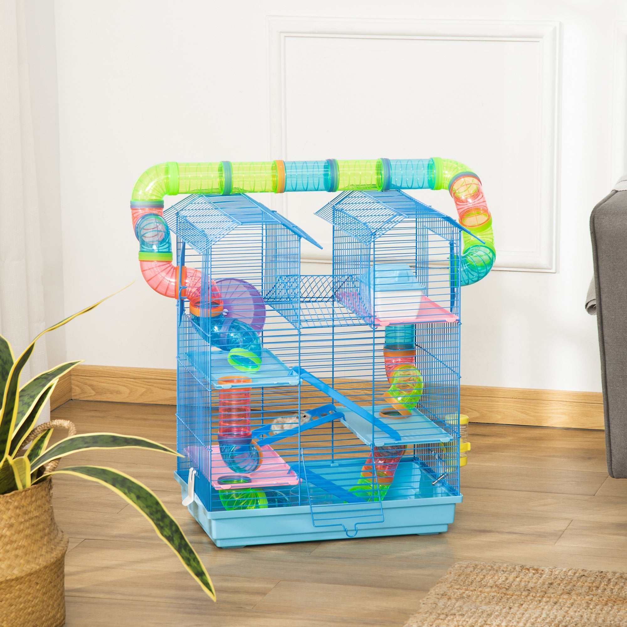 EASYCOMFORT 5-storey cage for hamsters and rodents with colored tubes, wheel, house and accessories included, blue, 47x30x59cm