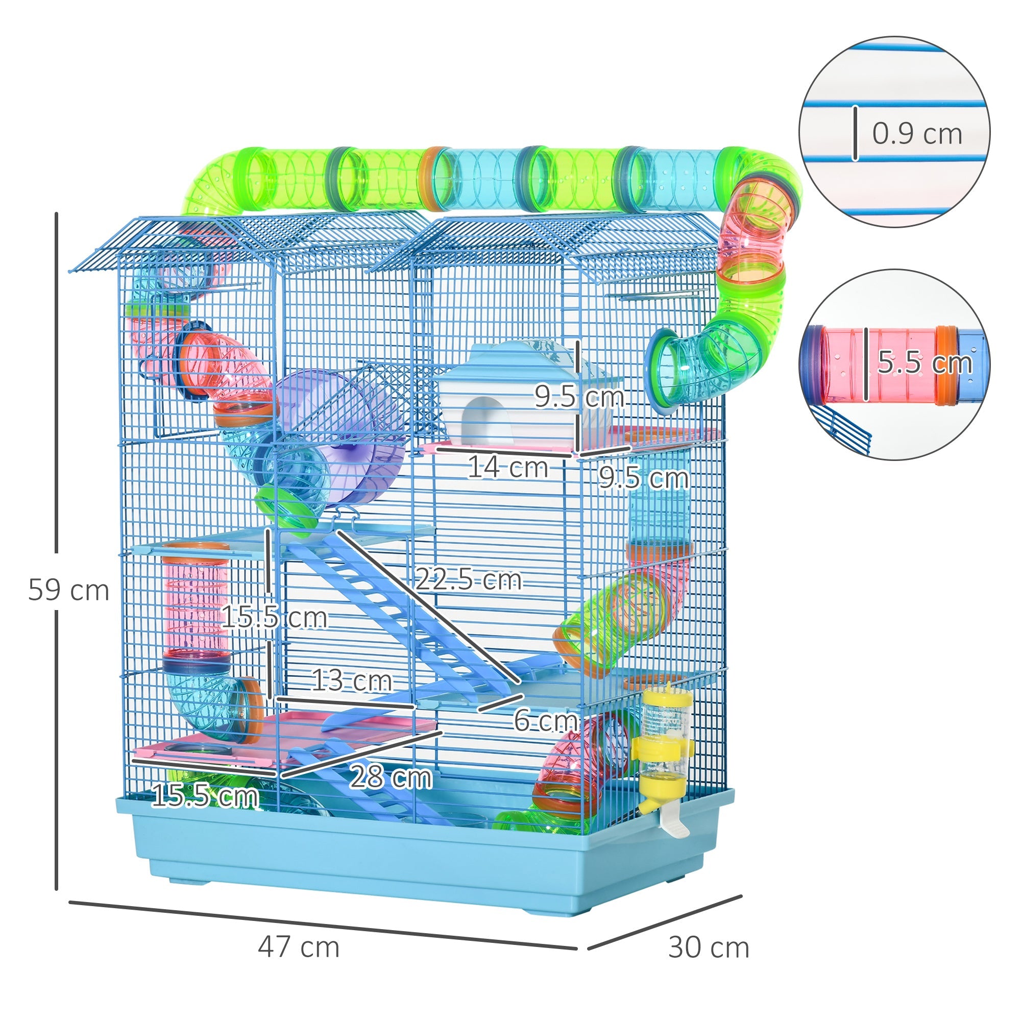 EASYCOMFORT 5-storey cage for hamsters and rodents with colored tubes, wheel, house and accessories included, blue, 47x30x59cm