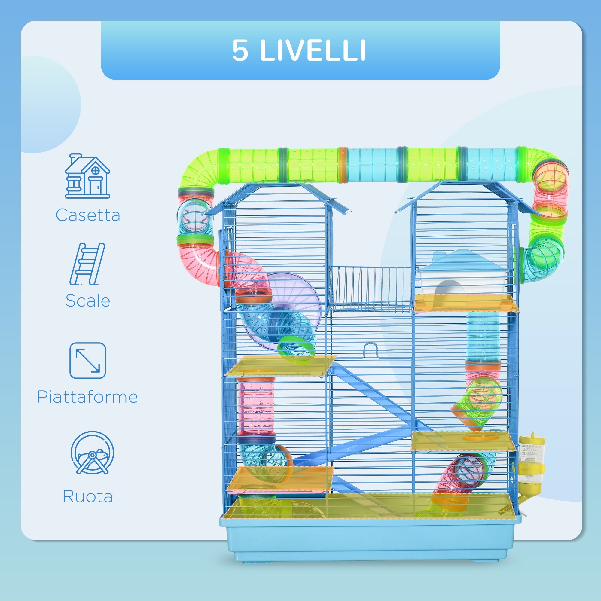 EASYCOMFORT 5-storey cage for hamsters and rodents with colored tubes, wheel, house and accessories included, blue, 47x30x59cm