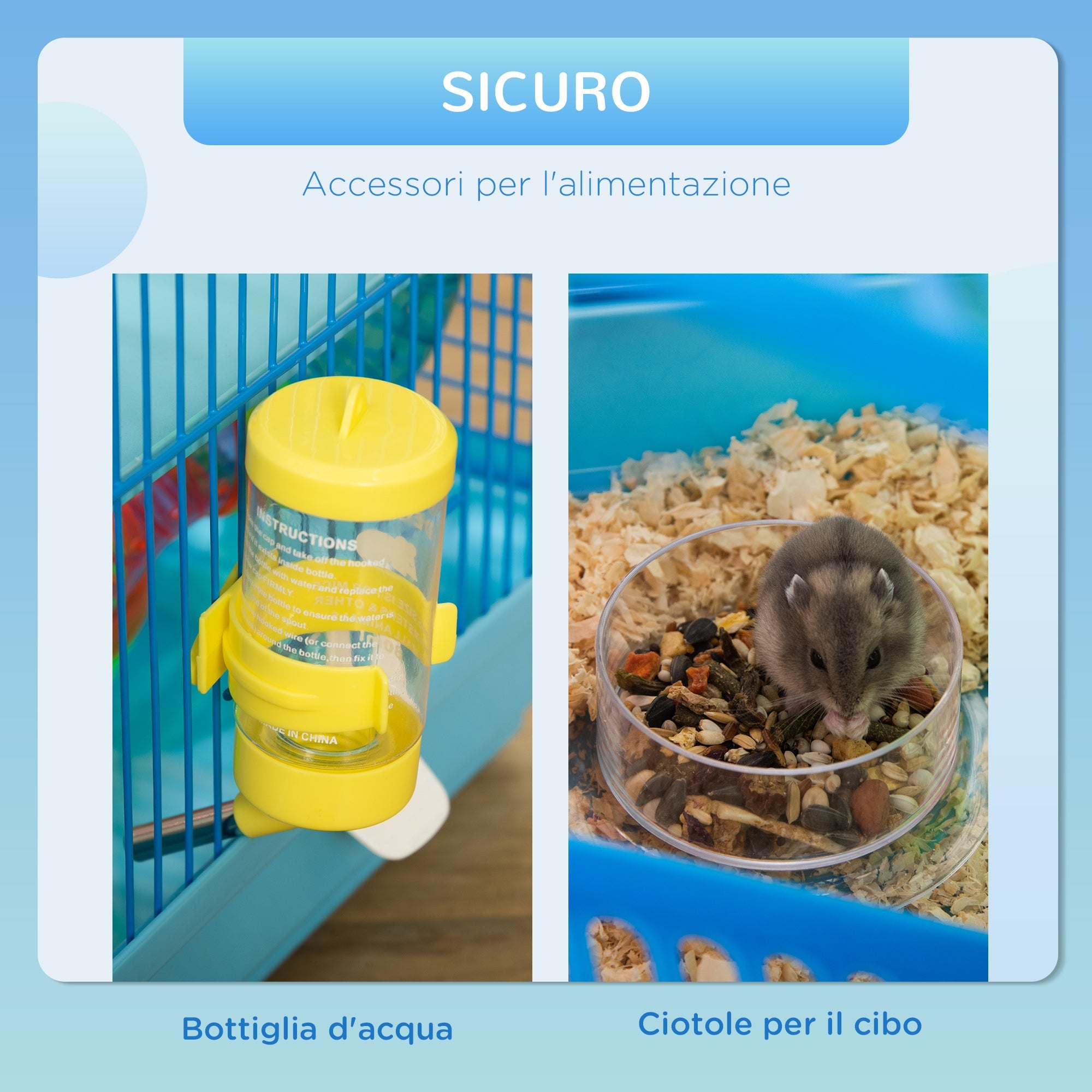 EASYCOMFORT 5-storey cage for hamsters and rodents with colored tubes, wheel, house and accessories included, blue, 47x30x59cm