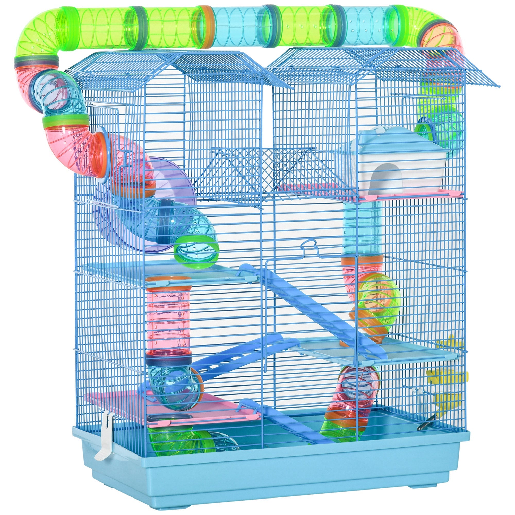 EASYCOMFORT 5-storey cage for hamsters and rodents with colored tubes, wheel, house and accessories included, blue, 47x30x59cm