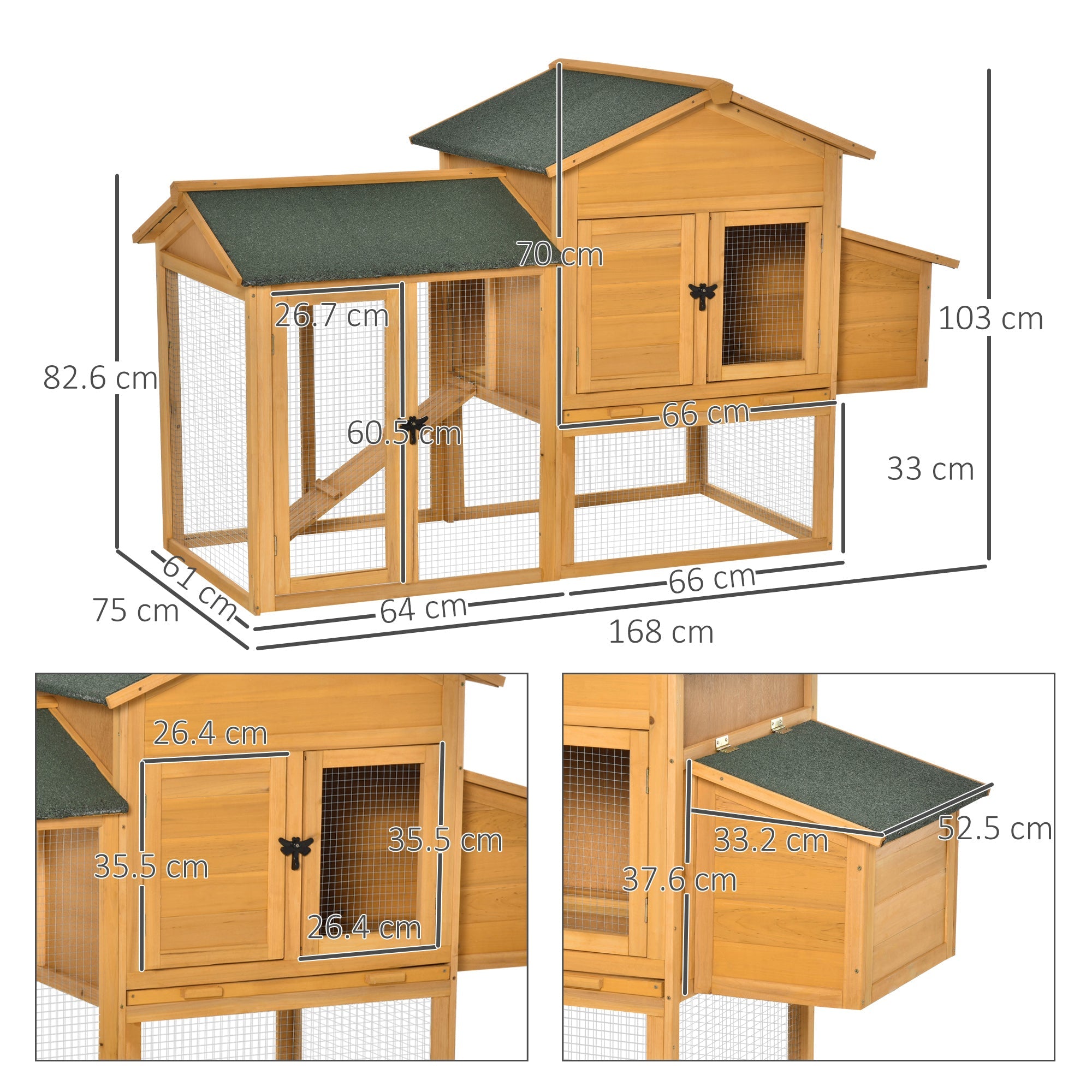 Easycomfort Gabbia per Galline with Casetta e Area Aperta, Nido with Tetto Apribile e Rete Metallica, Pollaio in Legno Giallo, 168x75x103cm