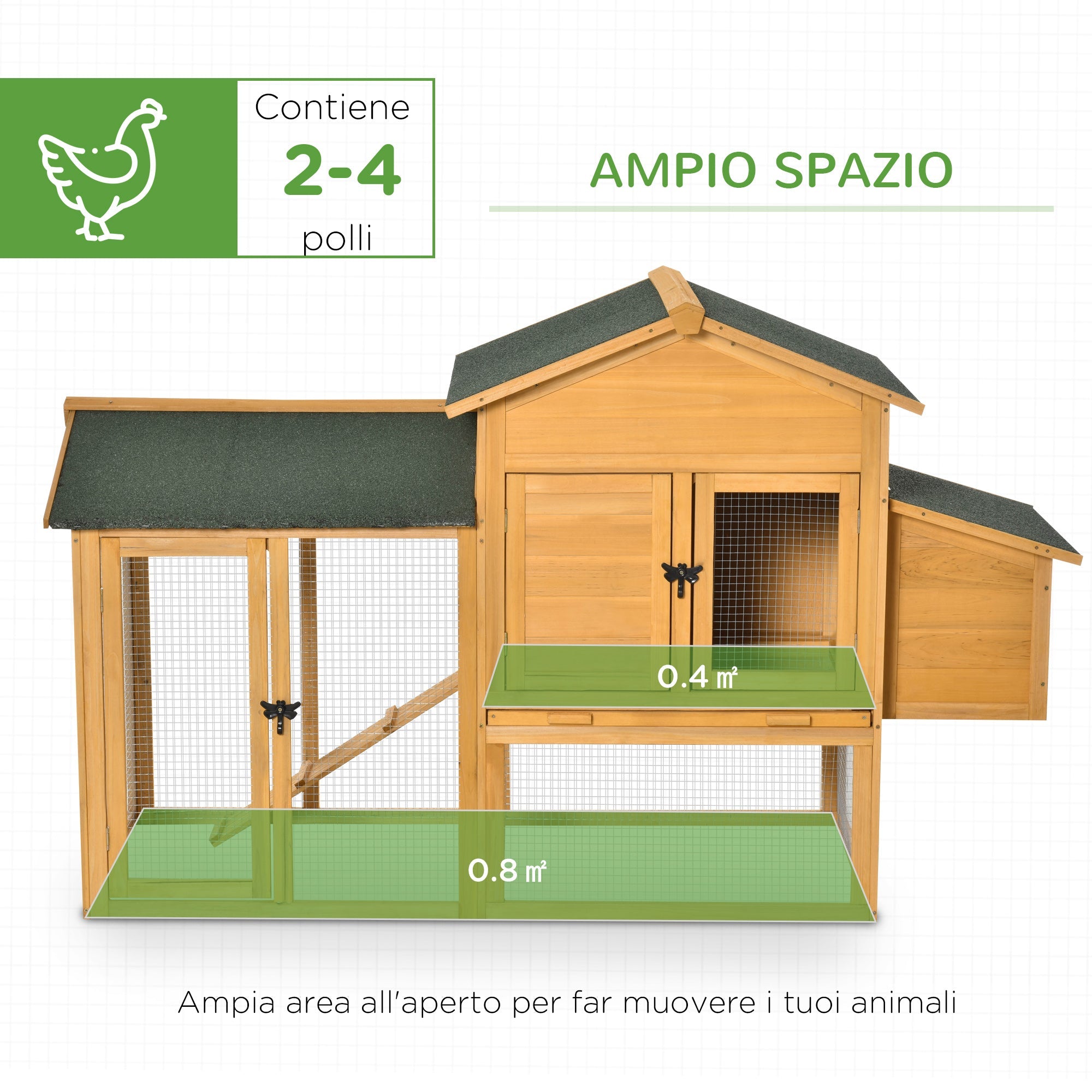 Easycomfort Gabbia per Galline with Casetta e Area Aperta, Nido with Tetto Apribile e Rete Metallica, Pollaio in Legno Giallo, 168x75x103cm