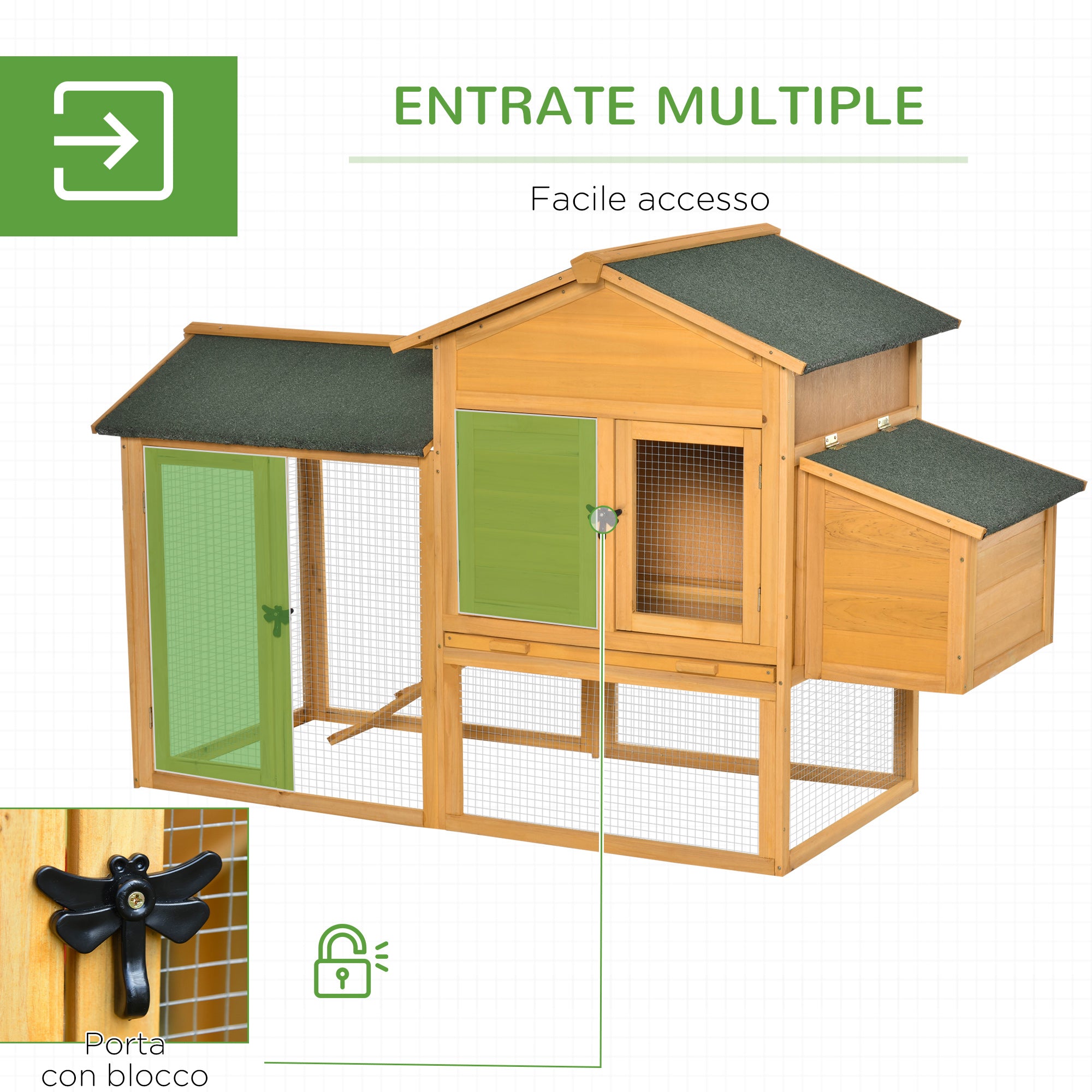 Easycomfort Gabbia per Galline with Casetta e Area Aperta, Nido with Tetto Apribile e Rete Metallica, Pollaio in Legno Giallo, 168x75x103cm