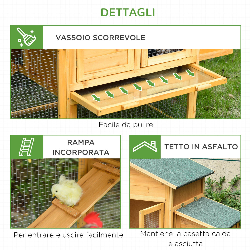 Easycomfort Gabbia per Galline with Casetta e Area Aperta, Nido with Tetto Apribile e Rete Metallica, Pollaio in Legno Giallo, 168x75x103cm