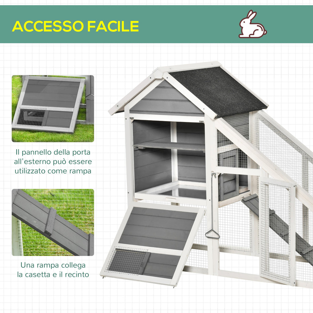 EasyComfort Conigliera in Legno with Area Aperta e Rampa, Casetta per Conigli with Fondo Estraibile e Porte, 140x65x120cm, Grigio