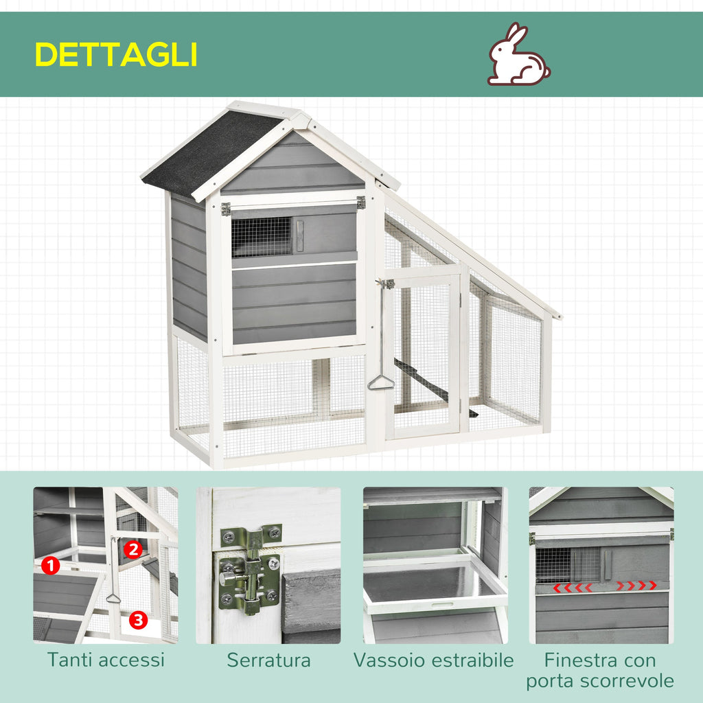 EasyComfort Conigliera in Legno with Area Aperta e Rampa, Casetta per Conigli with Fondo Estraibile e Porte, 140x65x120cm, Grigio