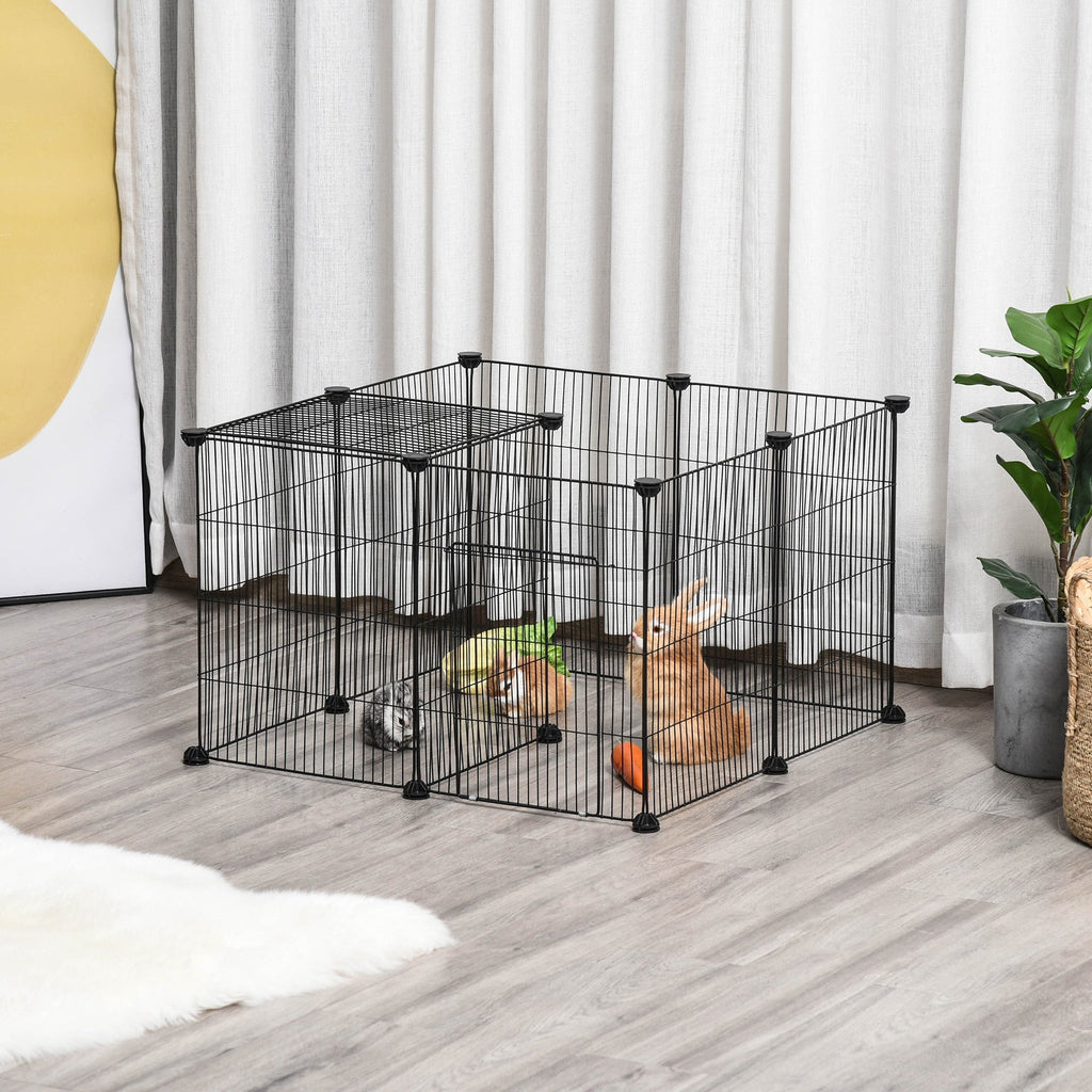 EASYCOMFORT Cage for Rabbits and Small Animals, 22 Modular Metal Panels with Door, Black, 105 x 70 x 45cm