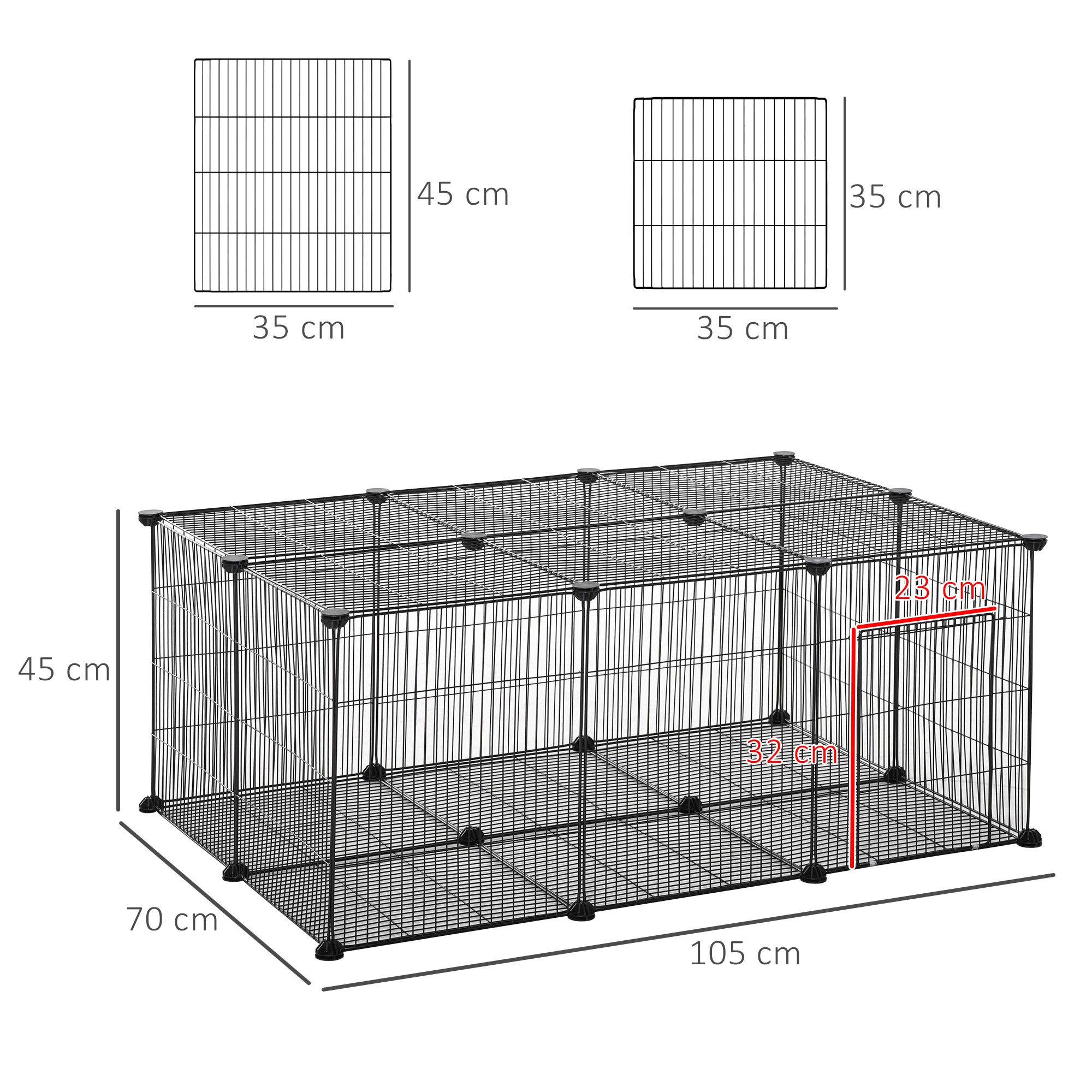 EASYCOMFORT Cage for Rabbits and Small Animals, 22 Modular Metal Panels with Door, Black, 105 x 70 x 45cm