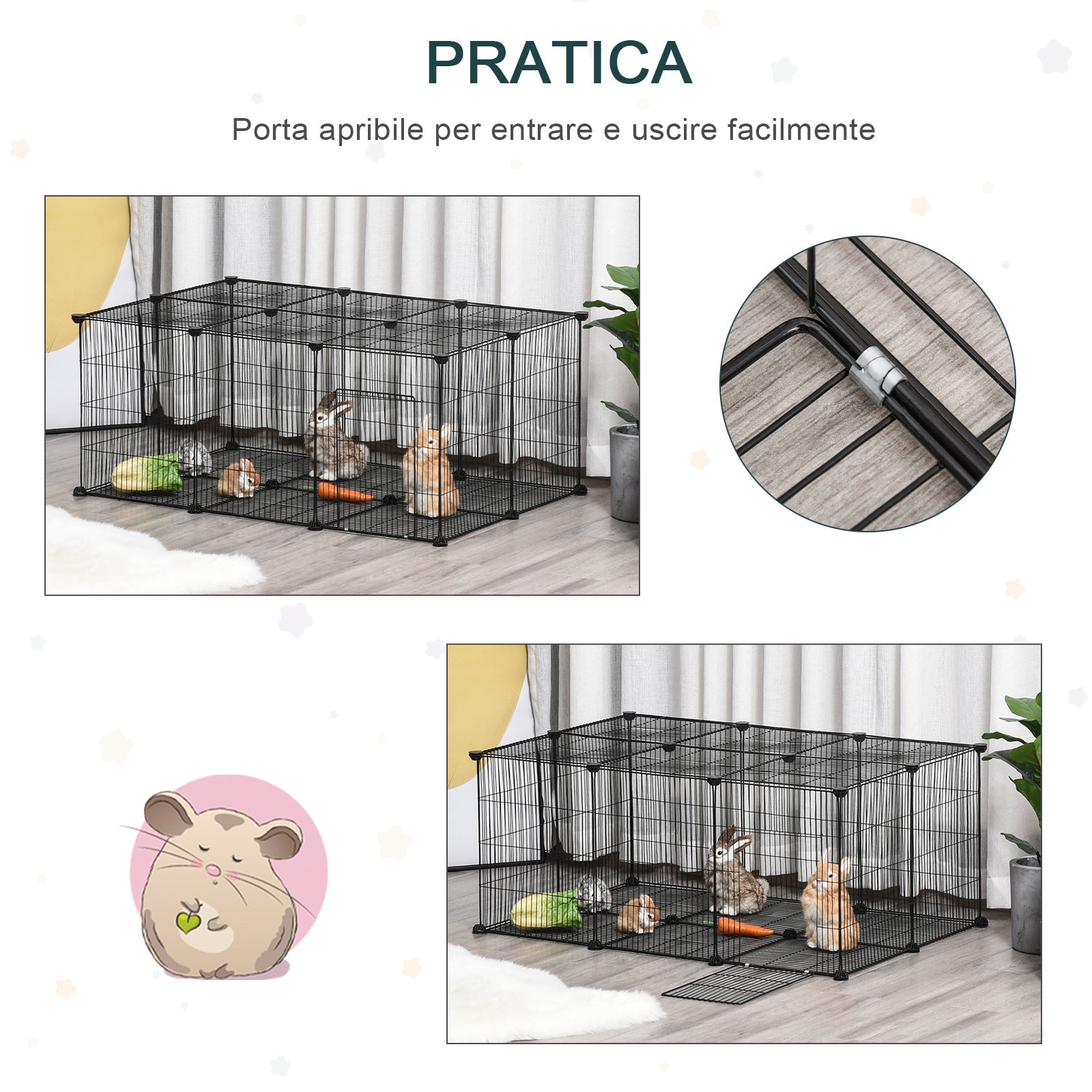EASYCOMFORT Cage for Rabbits and Small Animals, 22 Modular Metal Panels with Door, Black, 105 x 70 x 45cm