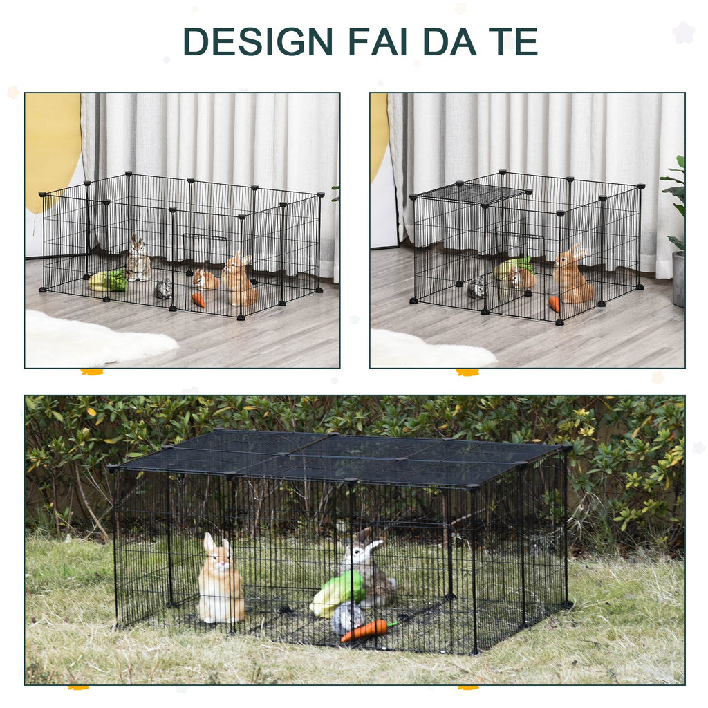 EASYCOMFORT Cage for Rabbits and Small Animals, 22 Modular Metal Panels with Door, Black, 105 x 70 x 45cm