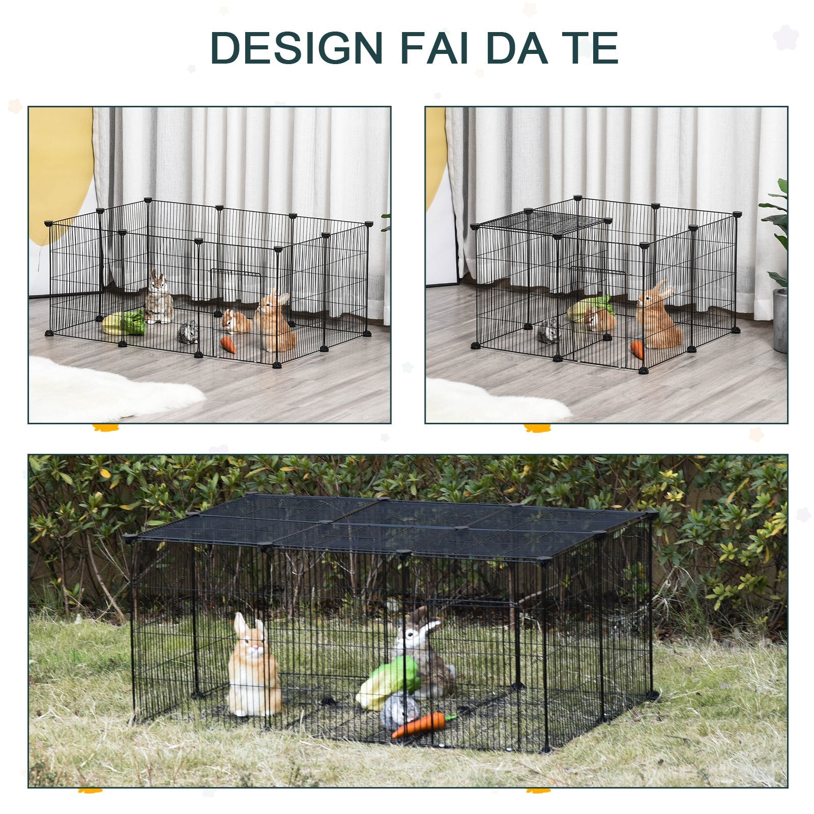 EASYCOMFORT Cage for Rabbits and Small Animals, 22 Modular Metal Panels with Door, Black, 105 x 70 x 45cm