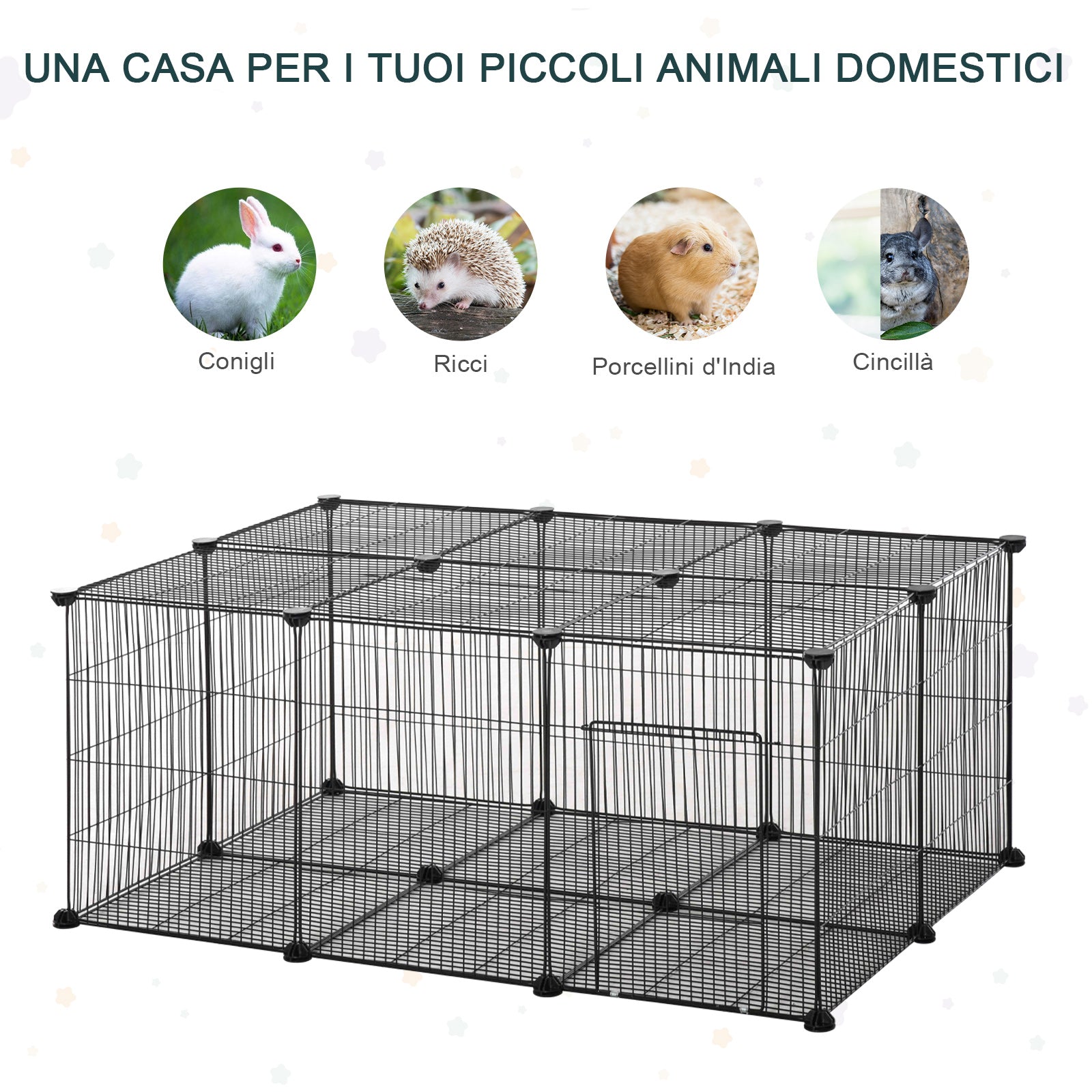 EASYCOMFORT Cage for Rabbits and Small Animals, 22 Modular Metal Panels with Door, Black, 105 x 70 x 45cm