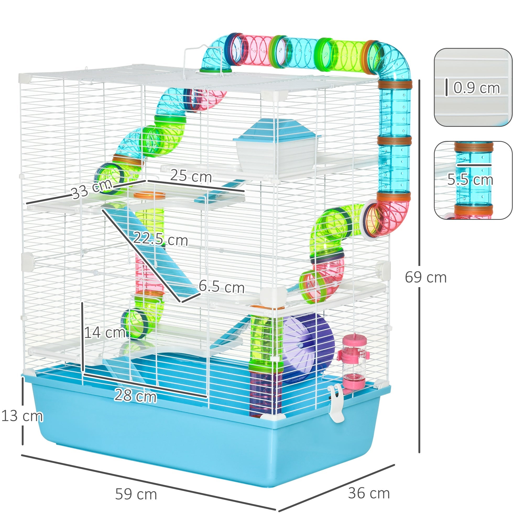EASYCOMFORT 5-Tier Hamster Cage with Tubes, House, Water Tank and Wheel, 59x36x69cm