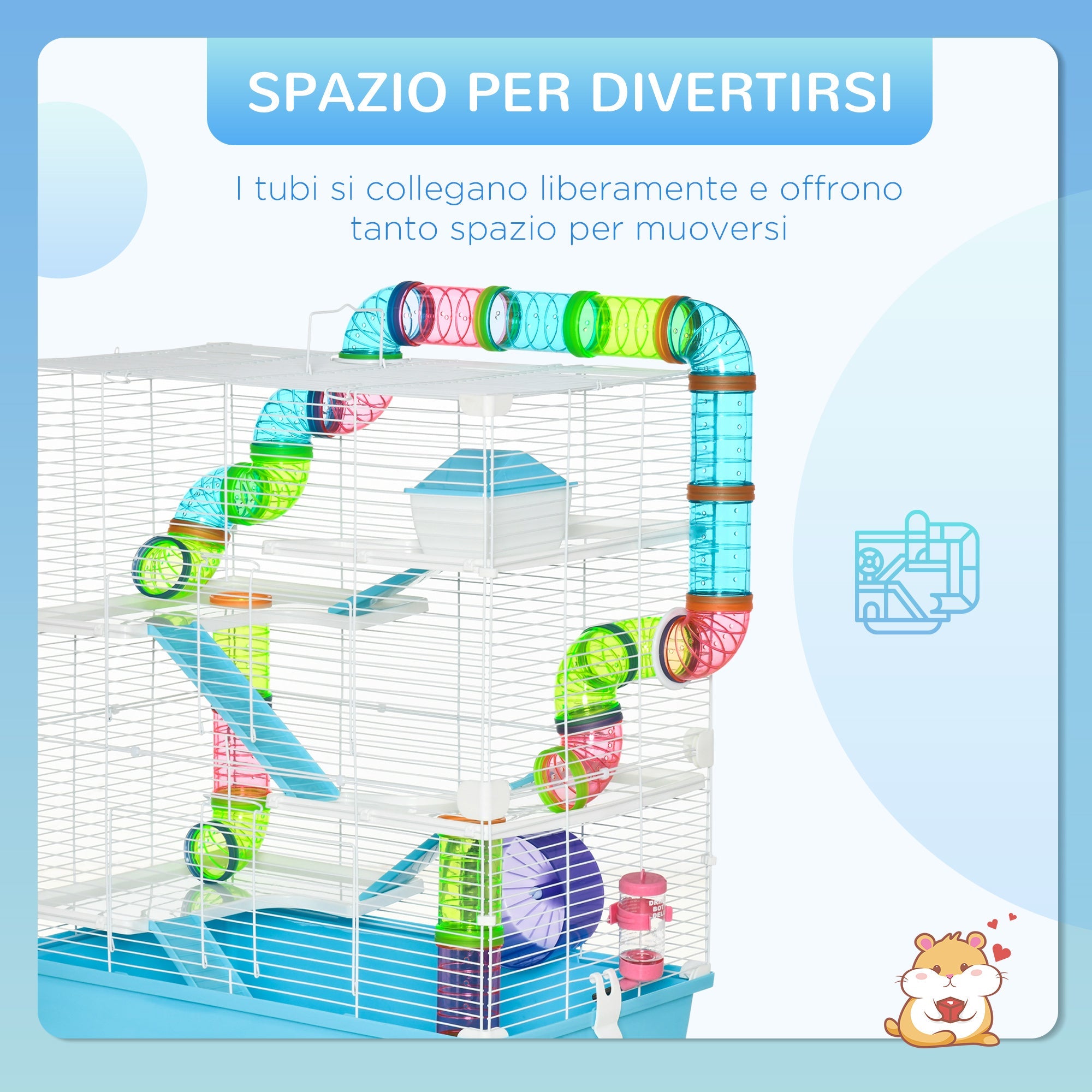EASYCOMFORT 5-Tier Hamster Cage with Tubes, House, Water Tank and Wheel, 59x36x69cm