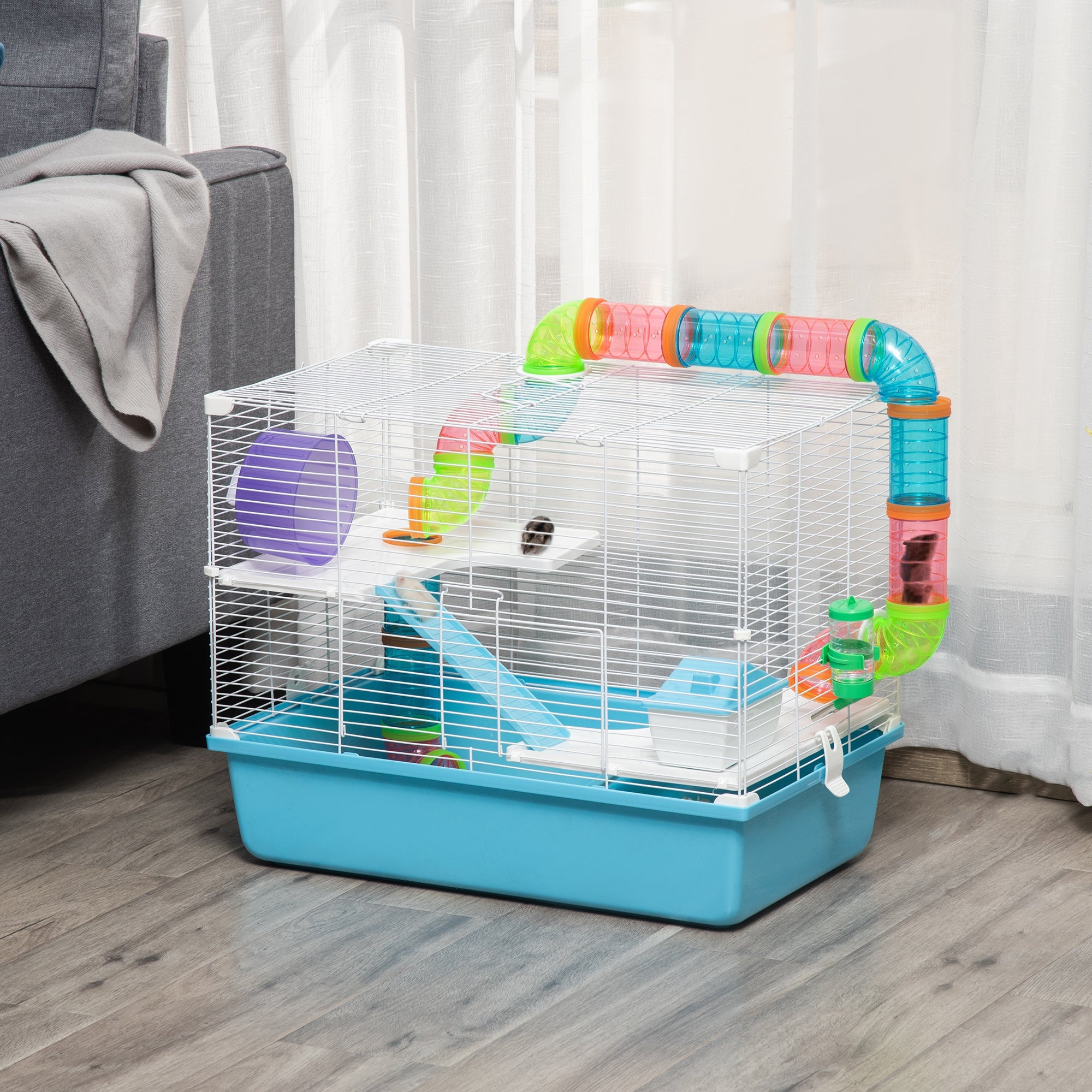 EASYCOMFORT 3-Tier Hamster Cage with Tubes, House, Water Tank and Wheel, 59x36x47 cm
