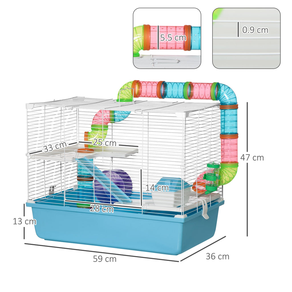 EASYCOMFORT 3-Tier Hamster Cage with Tubes, House, Water Tank and Wheel, 59x36x47 cm