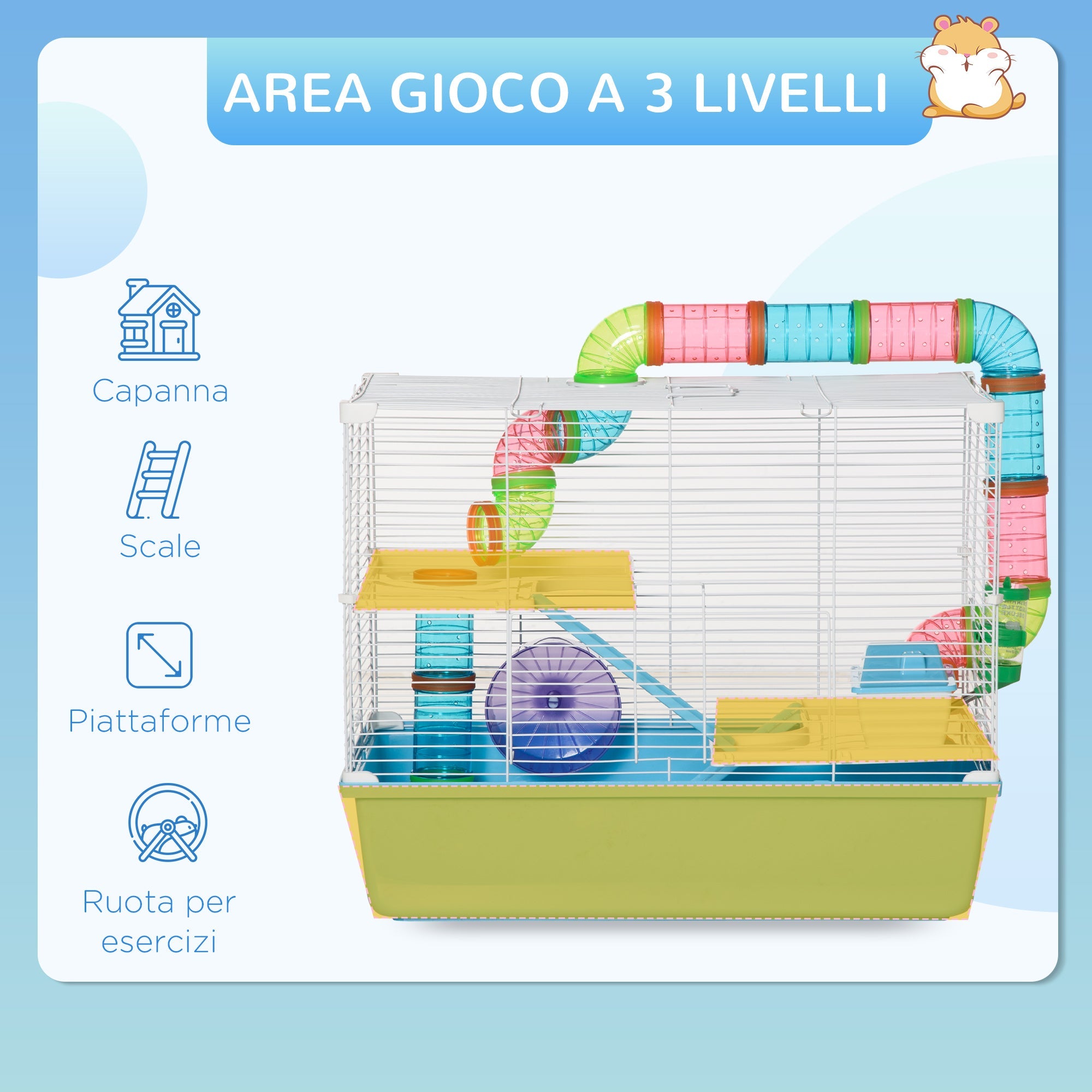 EASYCOMFORT 3-Tier Hamster Cage with Tubes, House, Water Tank and Wheel, 59x36x47 cm