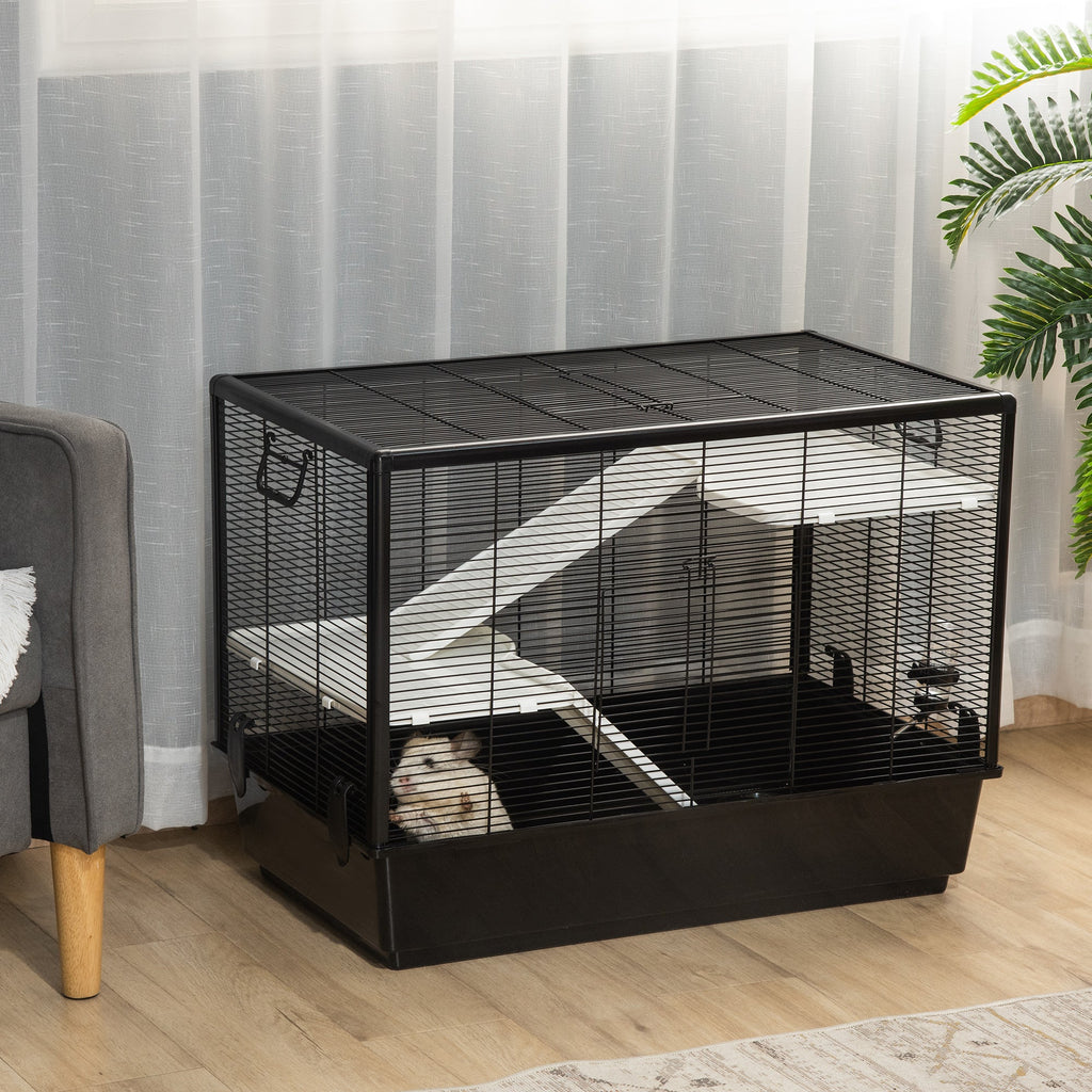 EASYCOMFORT Guinea Pig Cage with Handle, Water Tank, Ramp and Plate, 80x48x58cm, Black