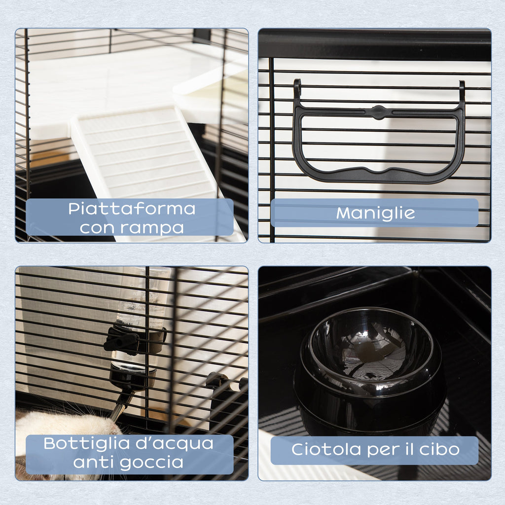 EASYCOMFORT Guinea Pig Cage with Handle, Water Tank, Ramp and Plate, 80x48x58cm, Black
