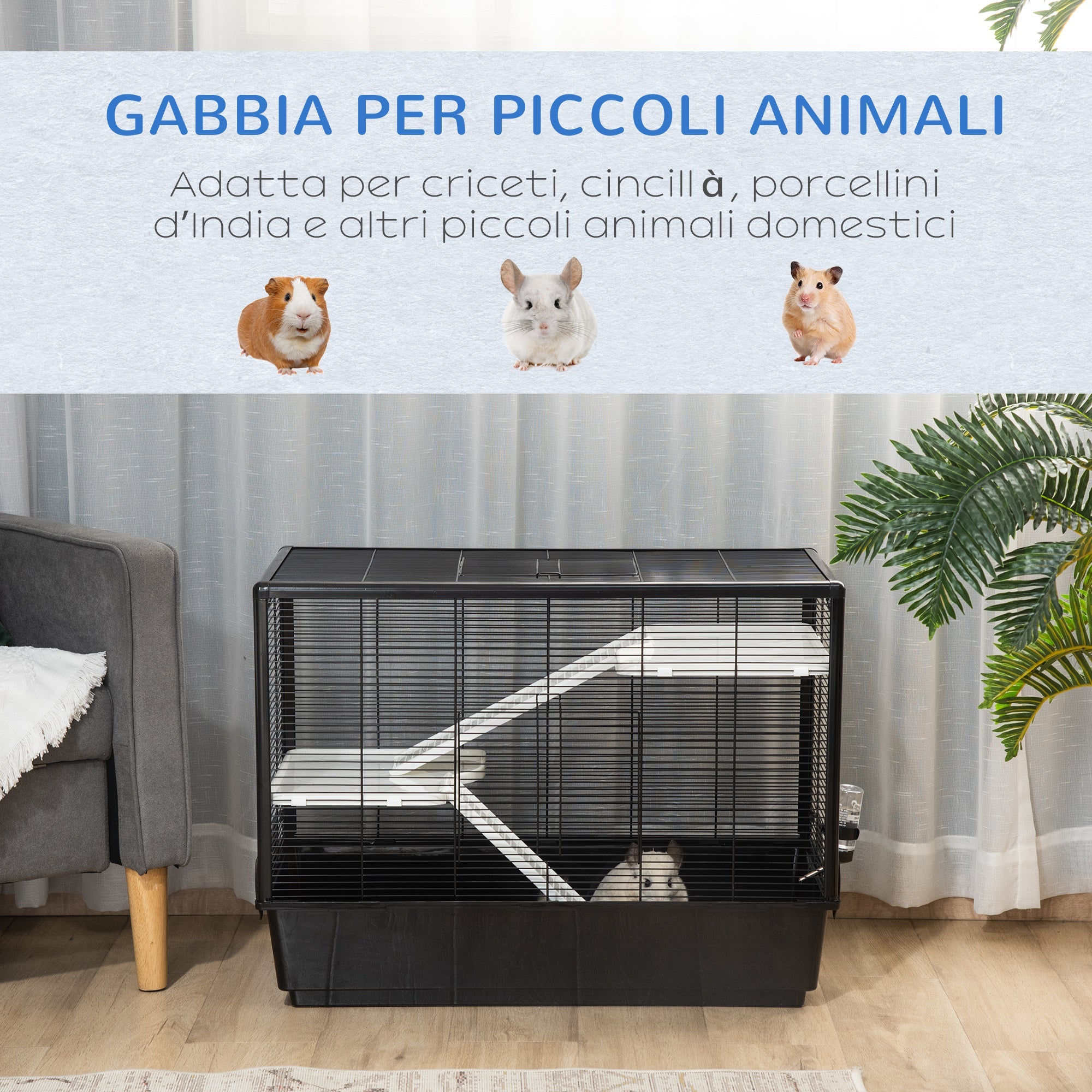 EASYCOMFORT Guinea Pig Cage with Handle, Water Tank, Ramp and Plate, 80x48x58cm, Black