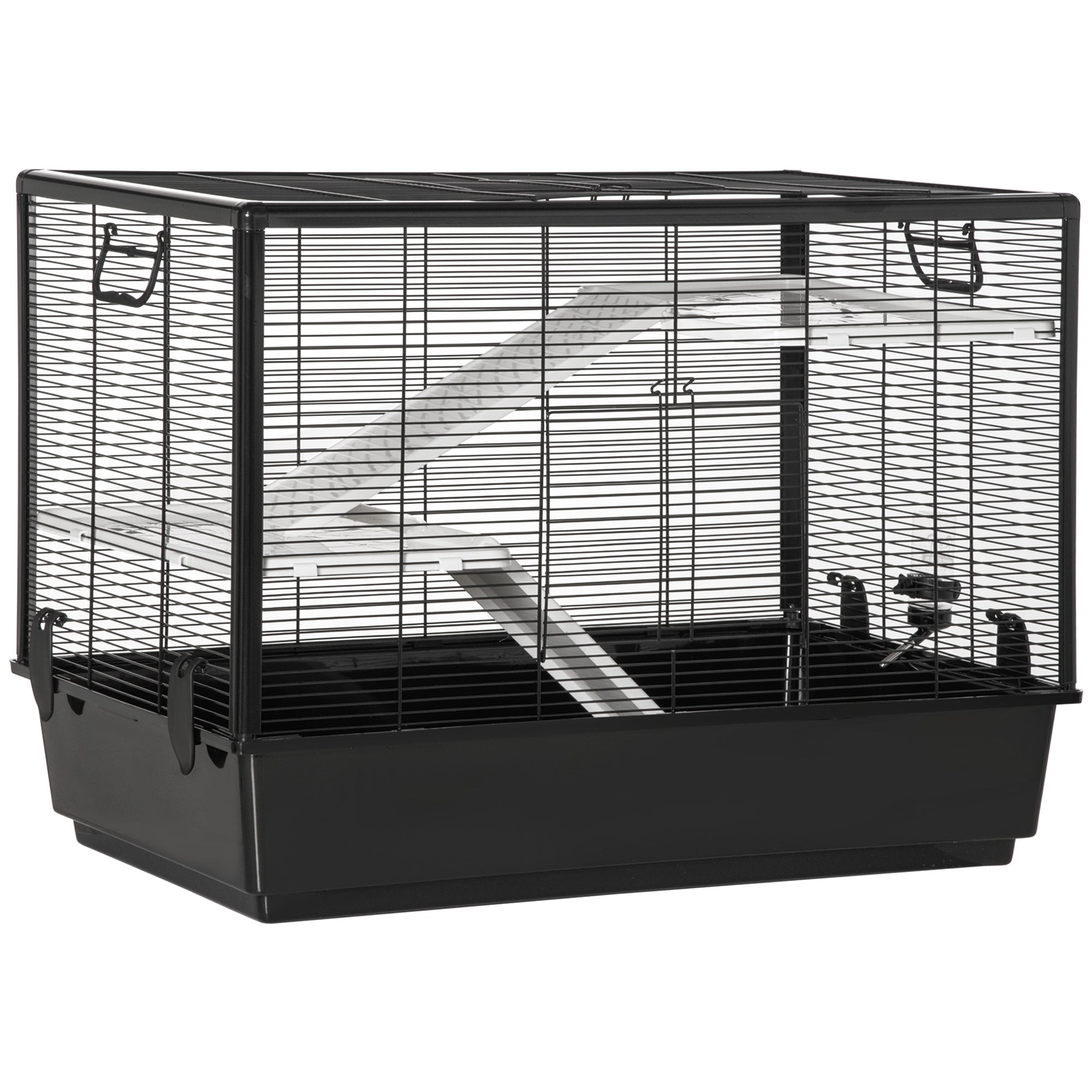 EASYCOMFORT Guinea Pig Cage with Handle, Water Tank, Ramp and Plate, 80x48x58cm, Black