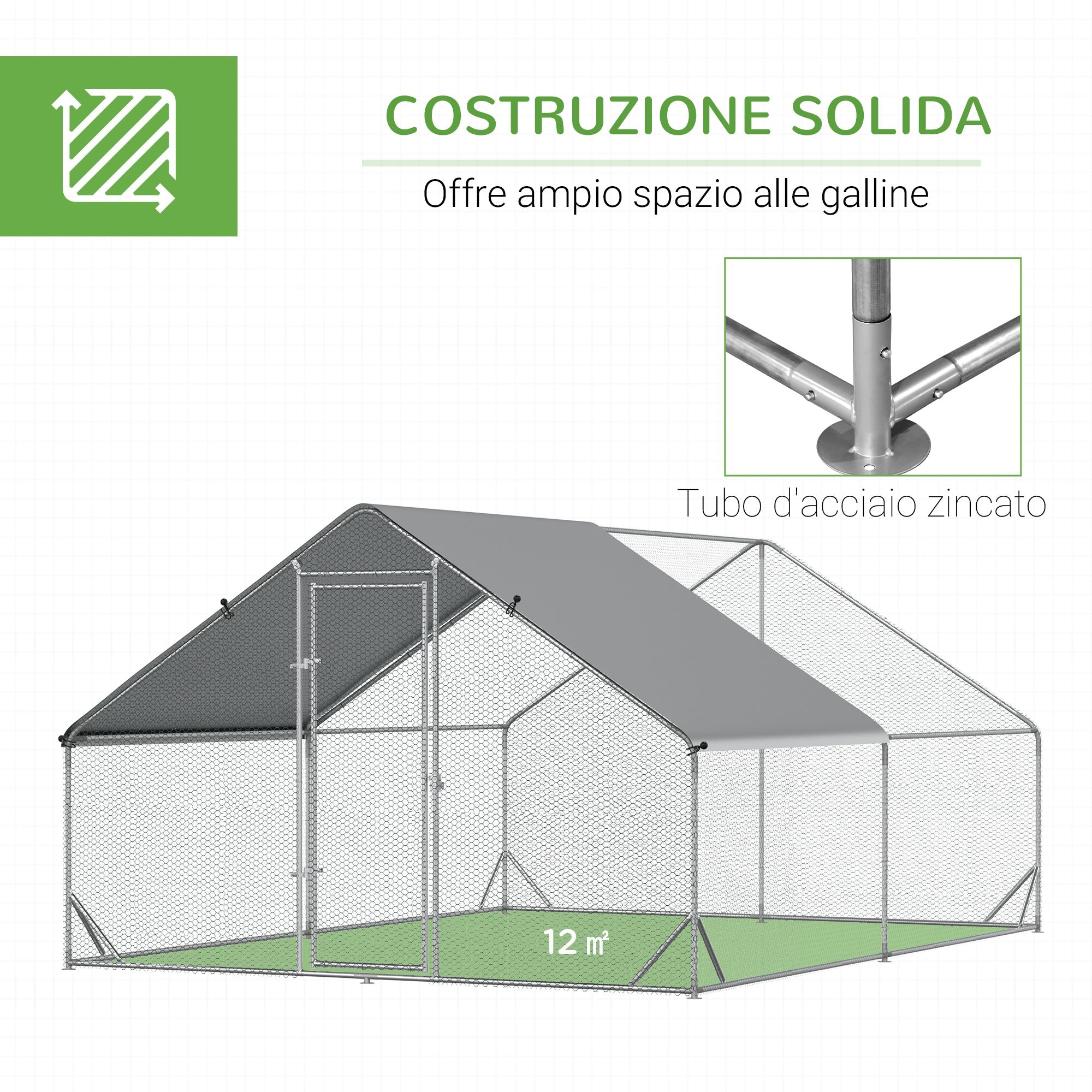 Easycomfort Pollaio da Giardino with Telaio Zincato, Copertura Impermeabile e Rete Esagonale, 3x4x2 m, Argento