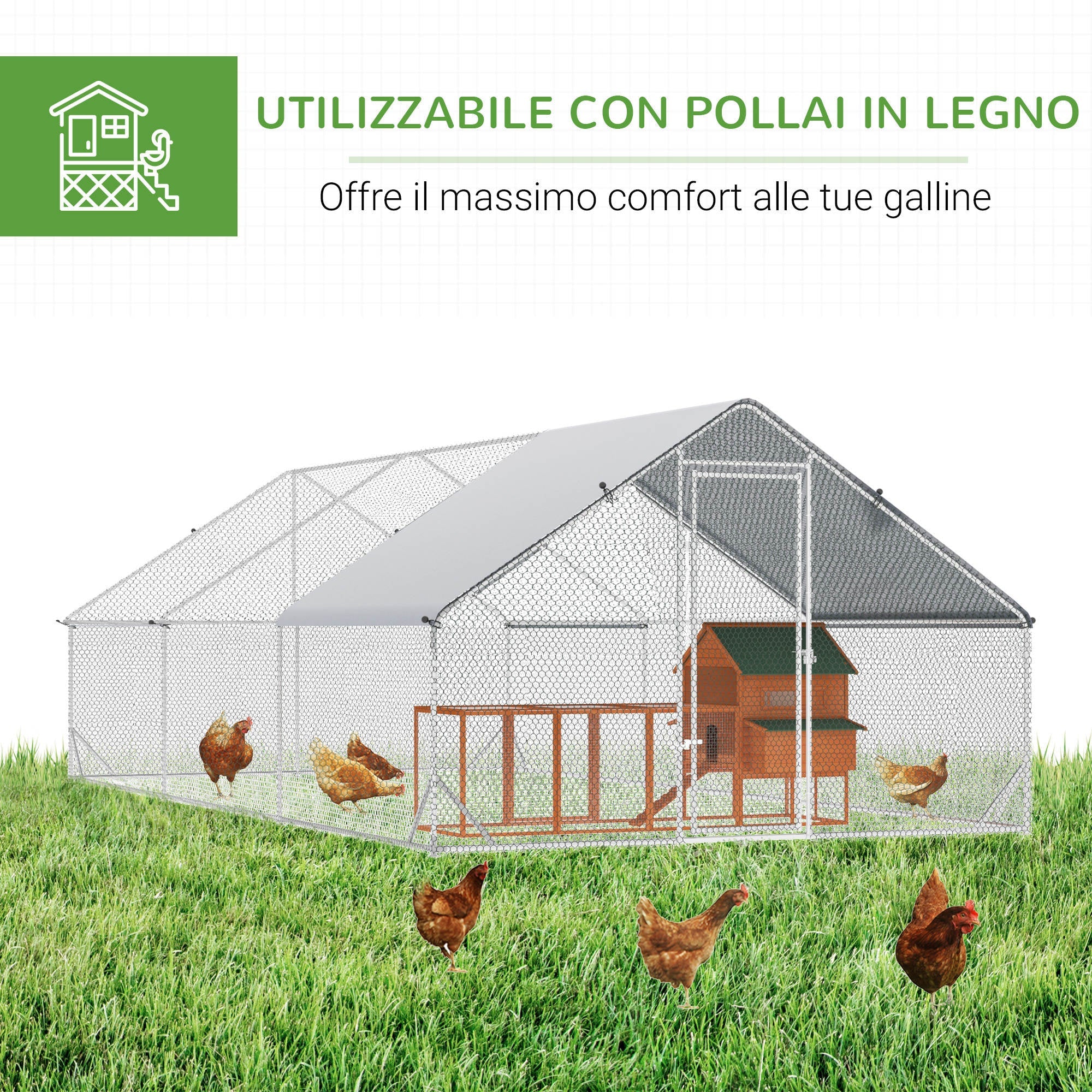 Easycomfort Pollaio da Giardino with Telaio Zincato, Copertura Impermeabile e Rete Esagonale, 3x6x2m, Argento