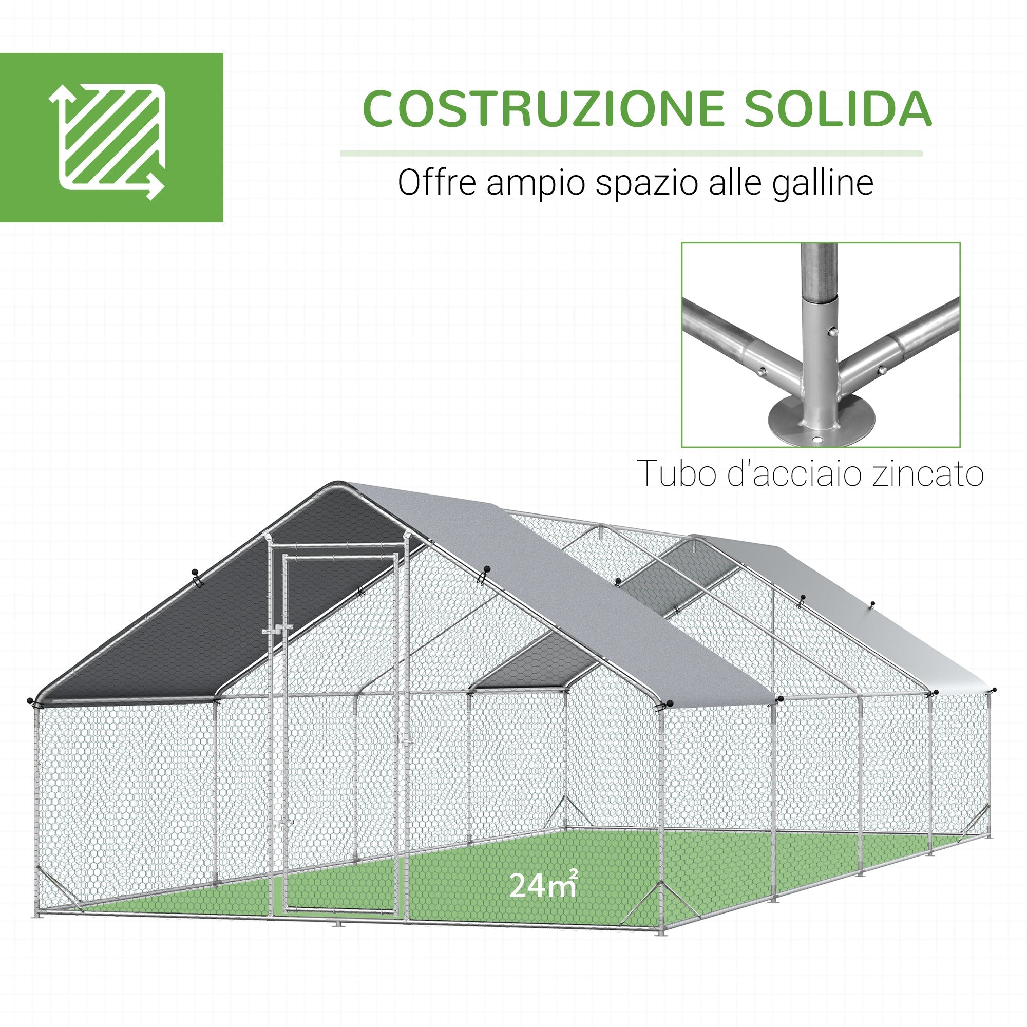 EASYCOMFORT kippenren galvaniseerd frame 3x8x2m zilver