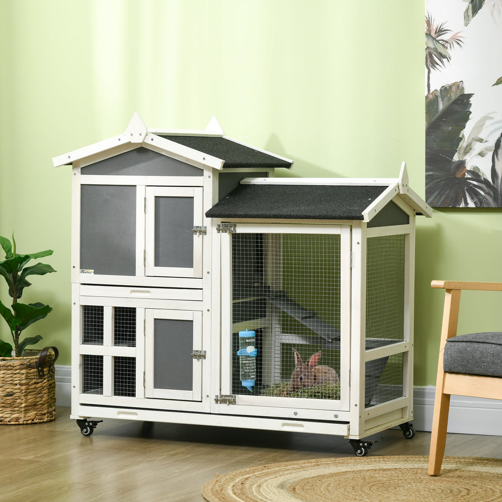 EASYCOMFORT Outdoor Hutch for 2 Wooden Rabbits with Removable Tray and Running Area, 110x60x104 cm