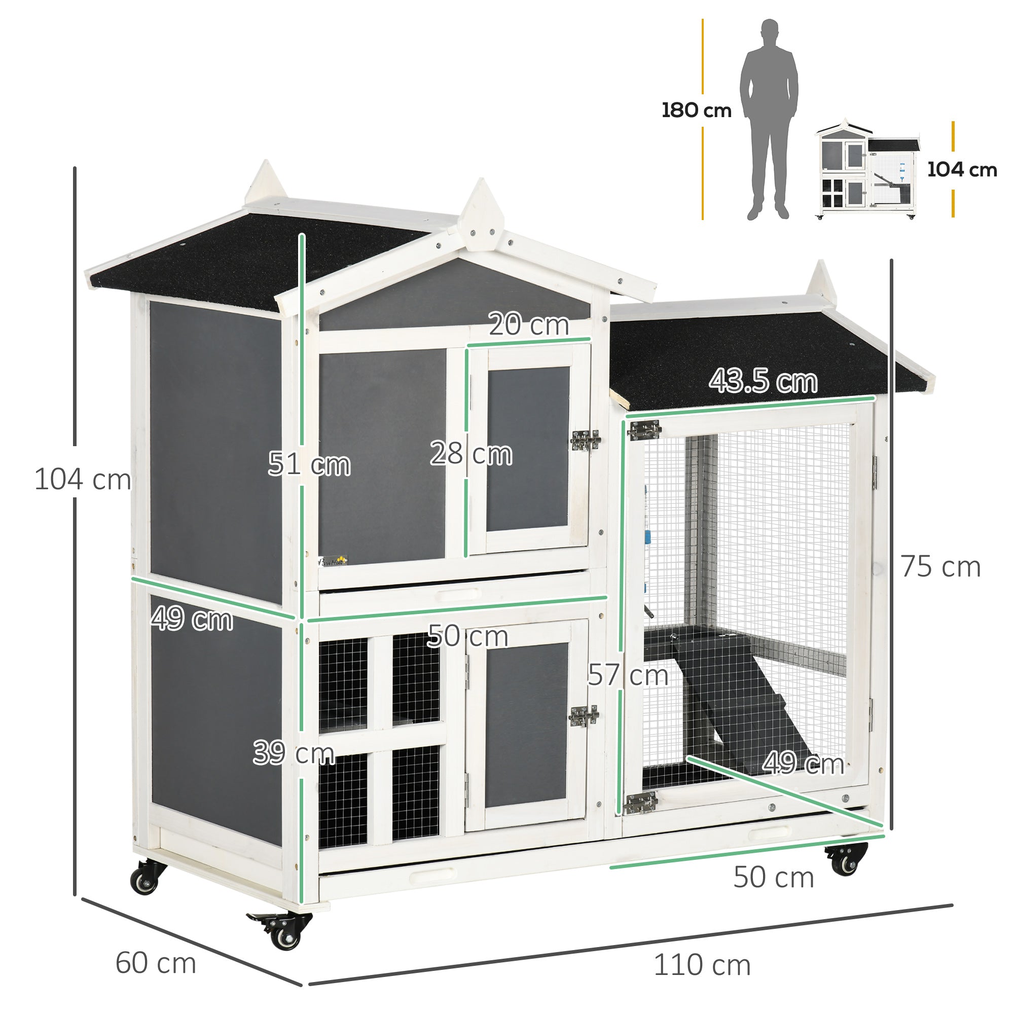 EASYCOMFORT Outdoor Hutch for 2 Wooden Rabbits with Removable Tray and Running Area, 110x60x104 cm