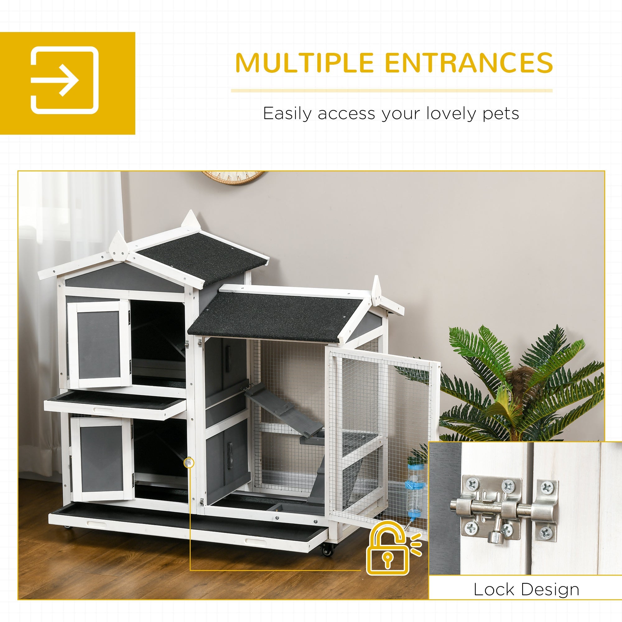 EASYCOMFORT Outdoor Hutch for 2 Wooden Rabbits with Removable Tray and Running Area, 110x60x104 cm