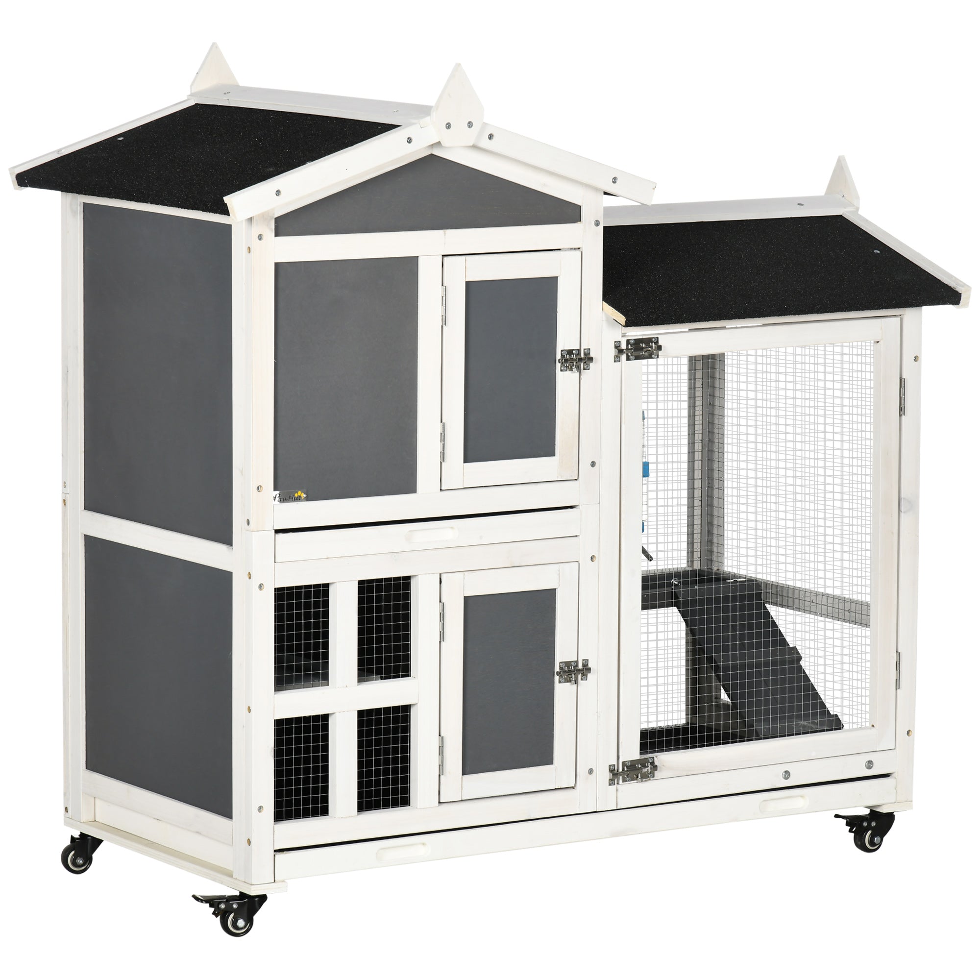 EASYCOMFORT Outdoor Hutch for 2 Wooden Rabbits with Removable Tray and Running Area, 110x60x104 cm