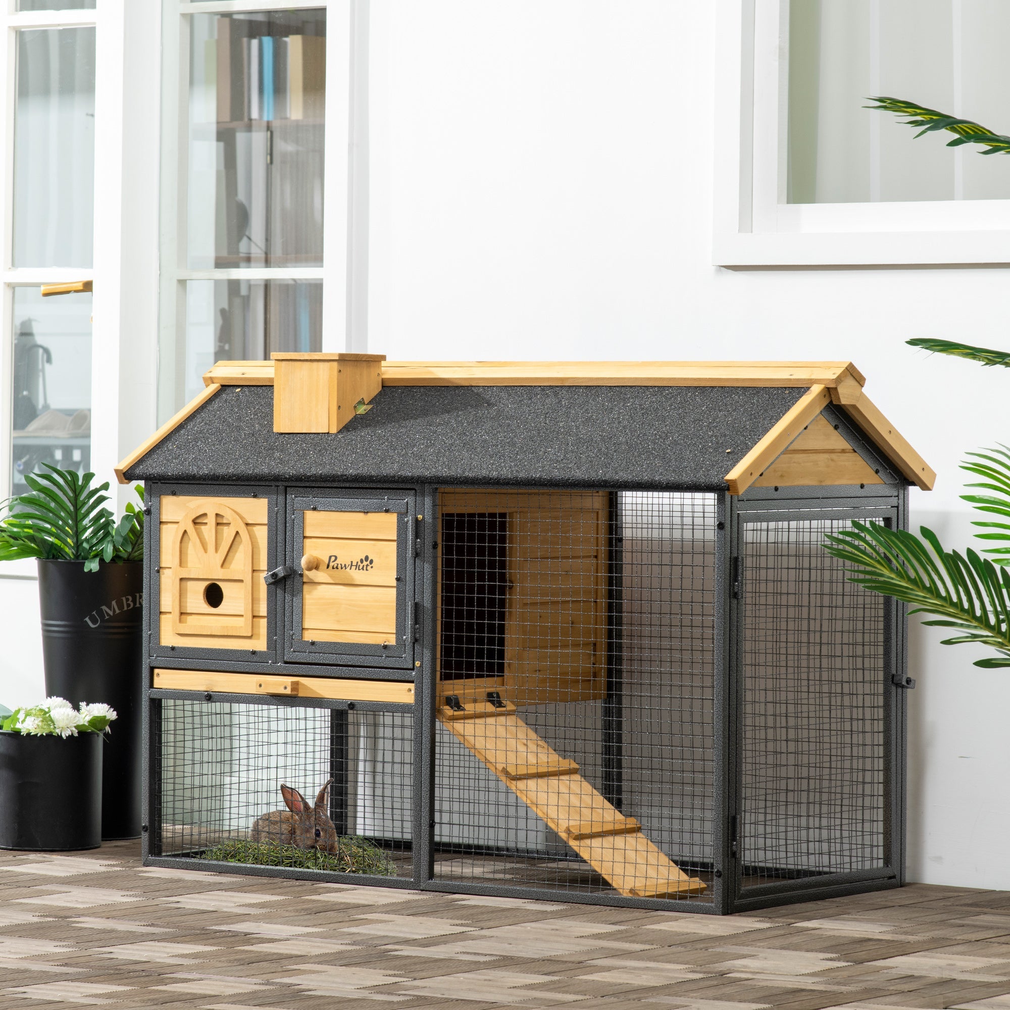 EASYCOMFORT 2-Tier Outdoor Hutch in Fir Wood and Steel with Removable Tray, 120x55.5x80 cm