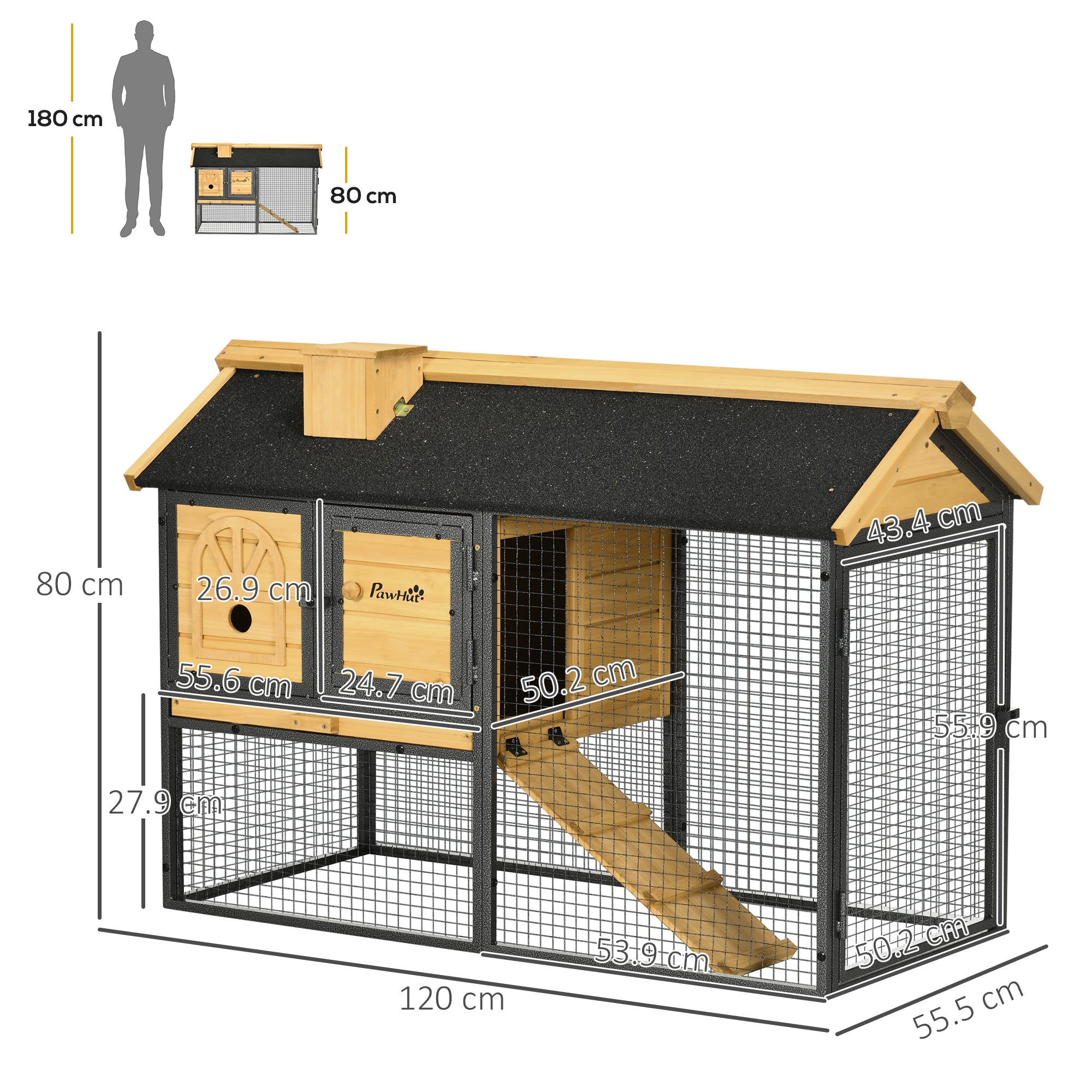 EASYCOMFORT 2-Tier Outdoor Hutch in Fir Wood and Steel with Removable Tray, 120x55.5x80 cm