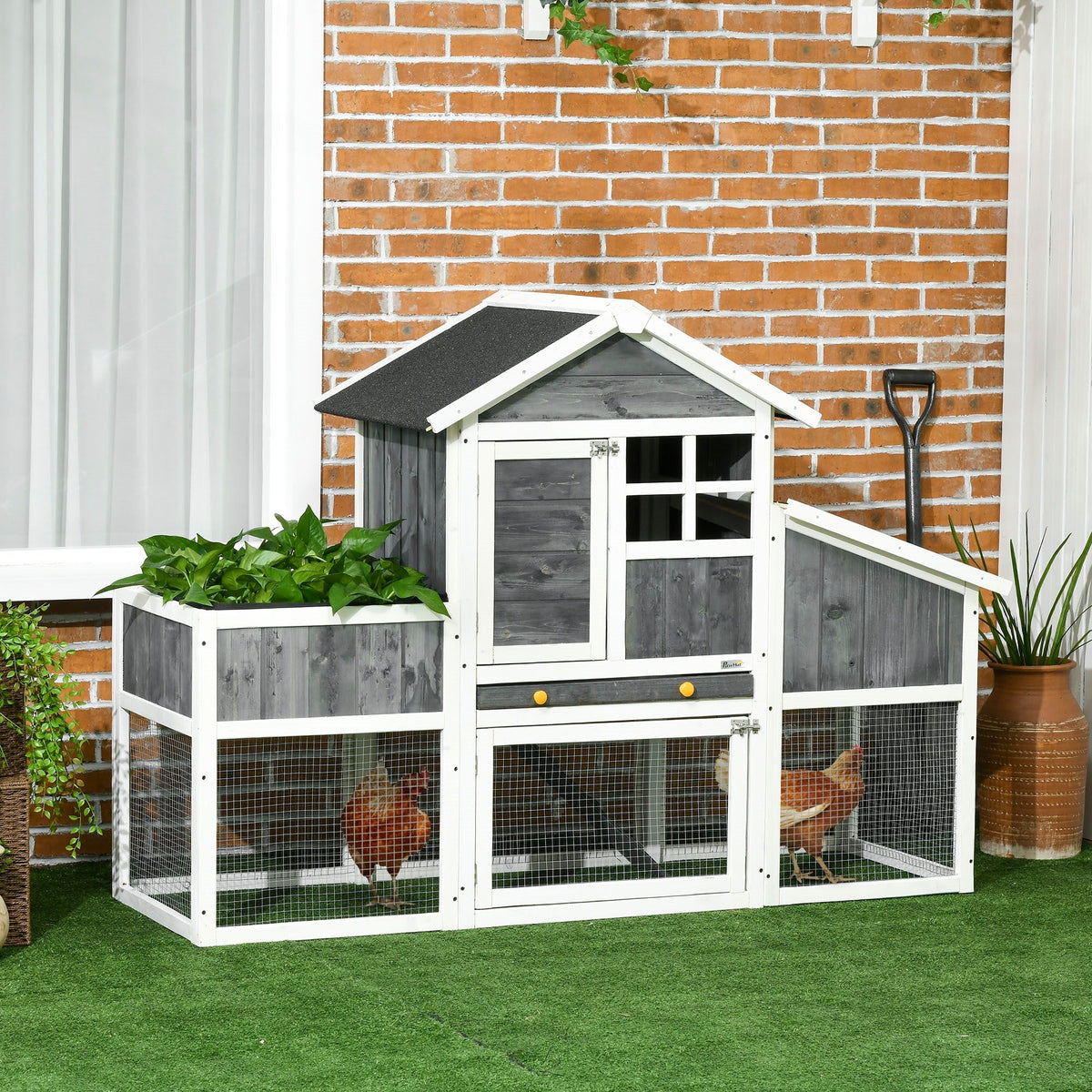 EasyComfort prefab houten kippenhok met ren, huis en nest, 161.5x62.5x115 cm