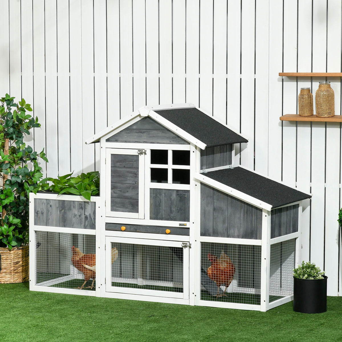 EasyComfort prefab houten kippenhok met ren, huis en nest, 161.5x62.5x115 cm