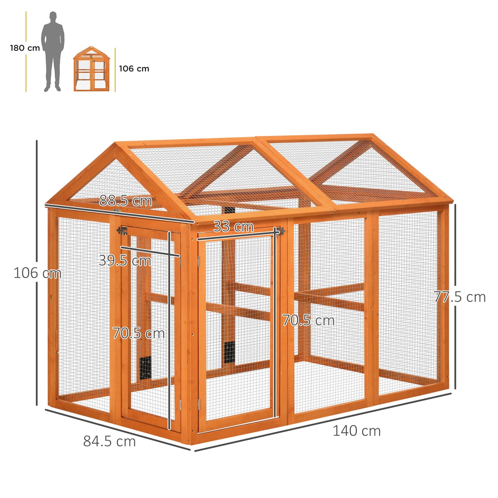 Easycomfort Gabbia per Galline in Legno with Porte Multiple e Rete in Metallo, 140x88.5x106cm, Arancione