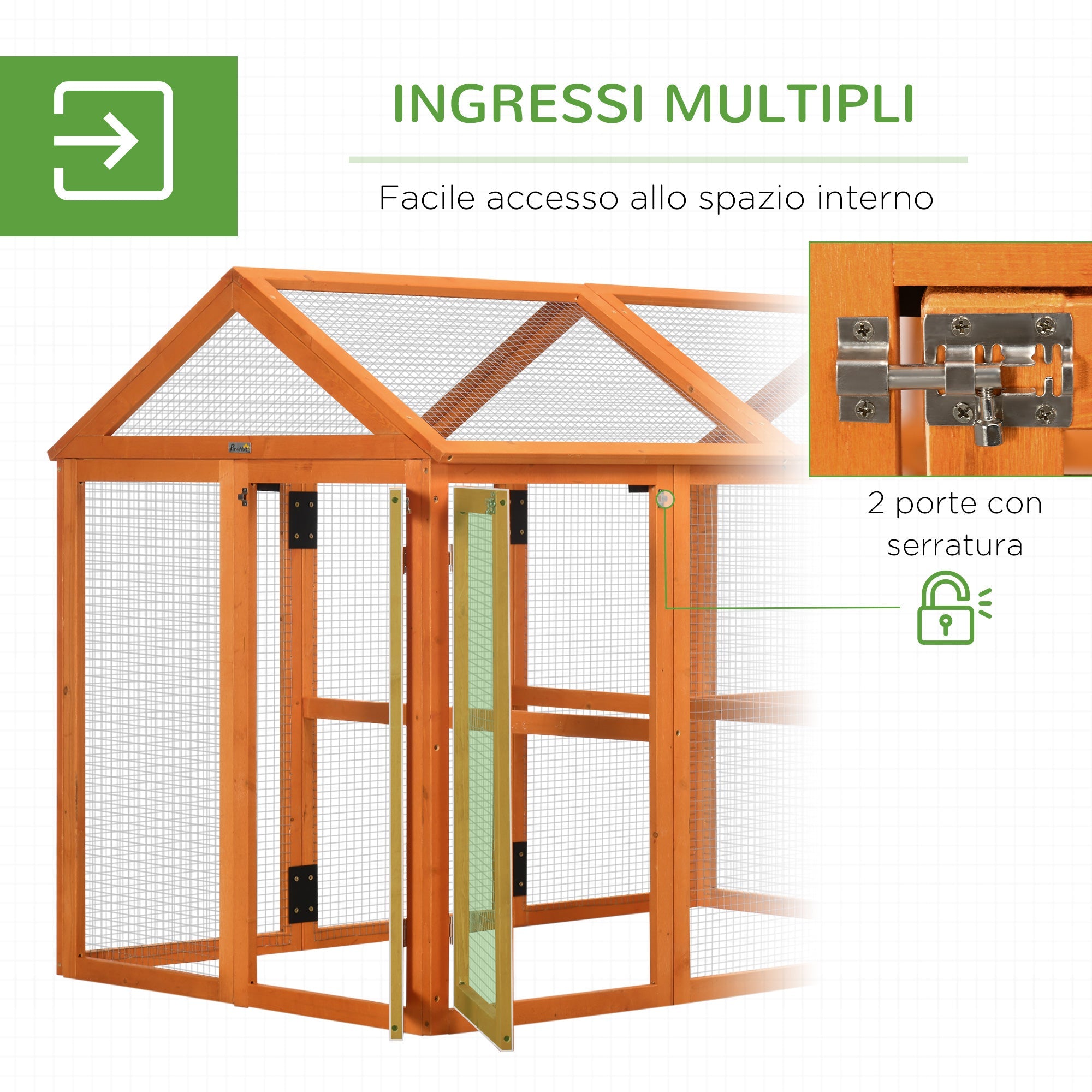 Easycomfort Gabbia per Galline in Legno with Porte Multiple e Rete in Metallo, 140x88.5x106cm, Arancione