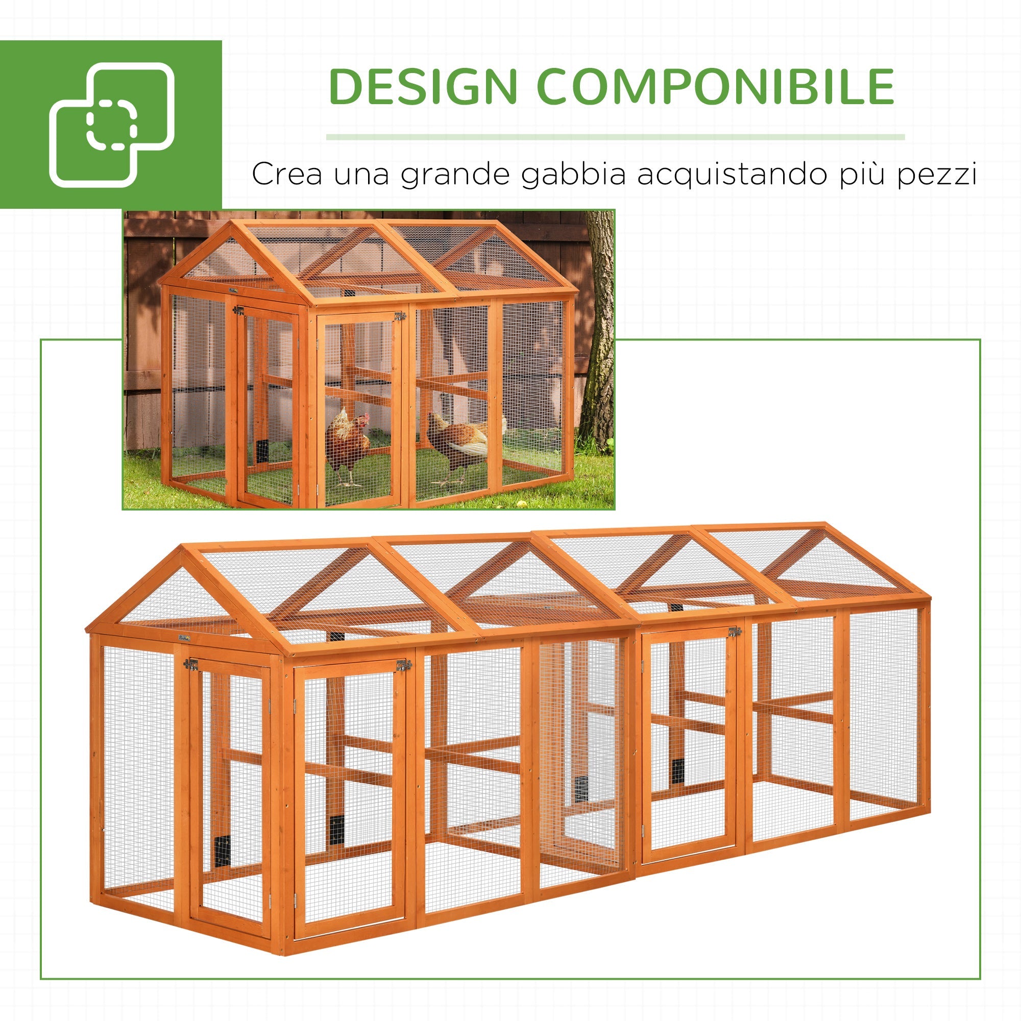Easycomfort Gabbia per Galline in Legno with Porte Multiple e Rete in Metallo, 140x88.5x106cm, Arancione