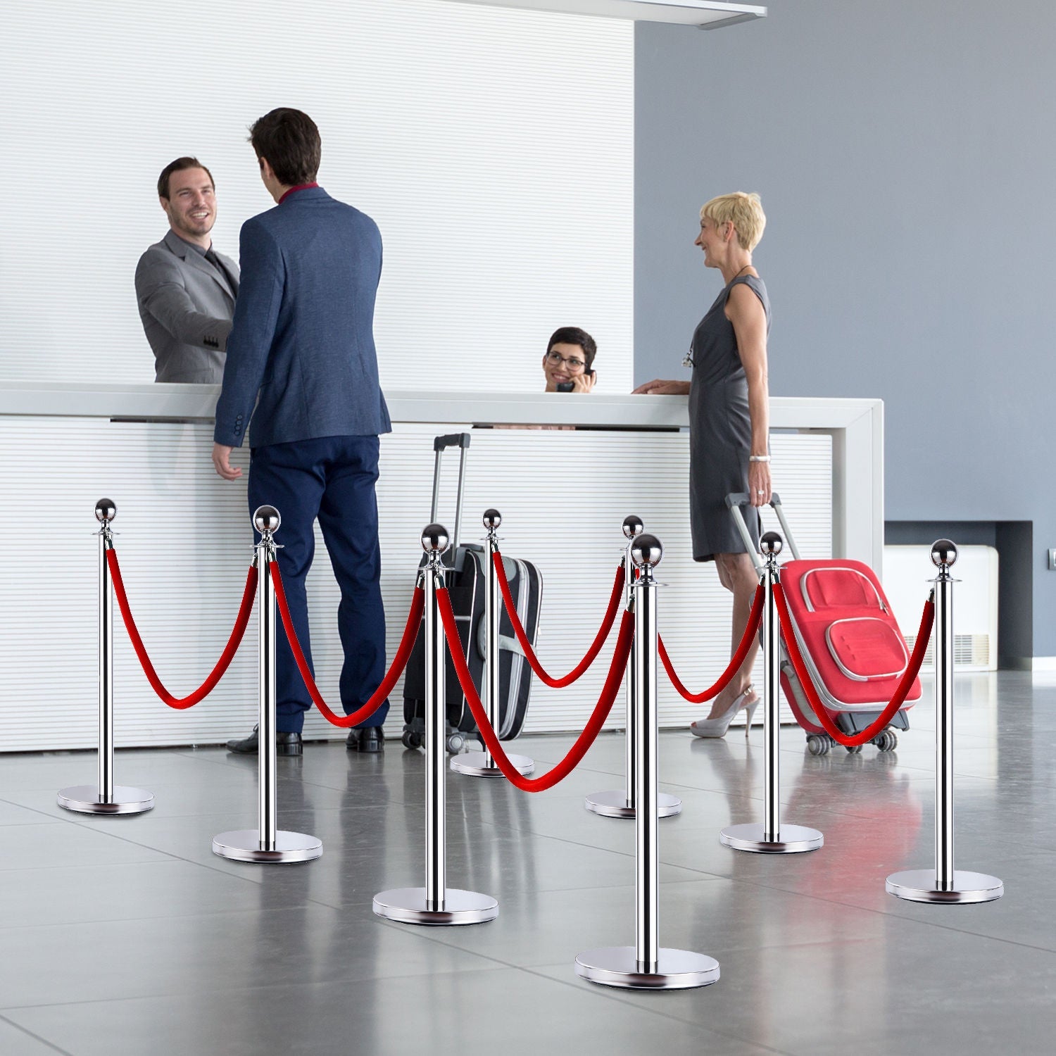 EASYCOMFORT Barriers Eliminate Queue Separators Delimitation Bollards with Red Stainless Steel Ropes Ф32 x 95CM