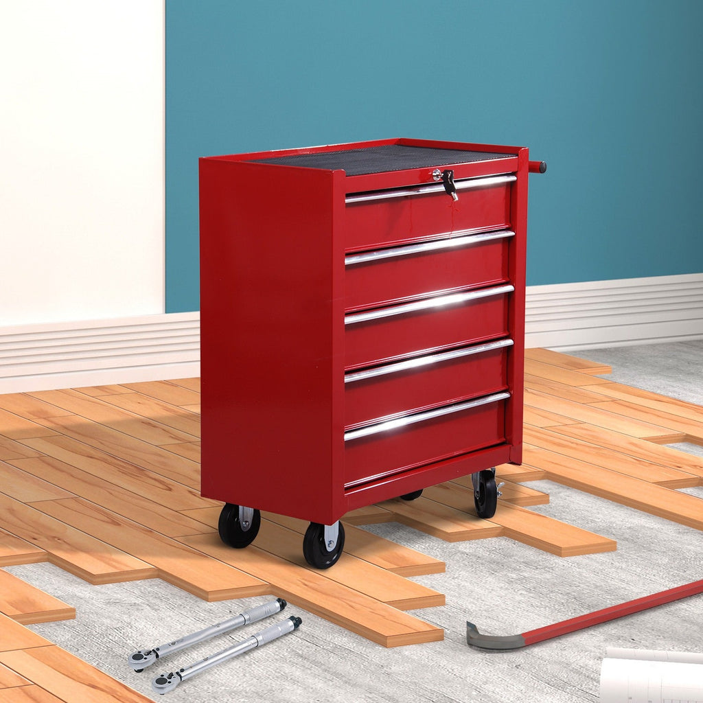 EASYCOMFORT Tool Trolley with 5 Drawers, Lock, 2 Keys and Handlebar Removable Wall 2 Wheels with Brake in EVA Steel Sheet Red 67.5x33x77cm