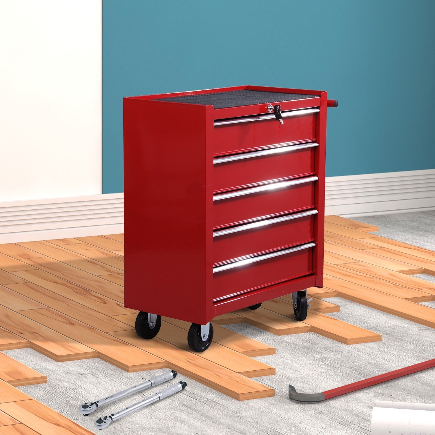 EASYCOMFORT Tool Trolley with 5 Drawers, Lock, 2 Keys and Handlebar Removable Wall 2 Wheels with Brake in EVA Steel Sheet Red 67.5x33x77cm